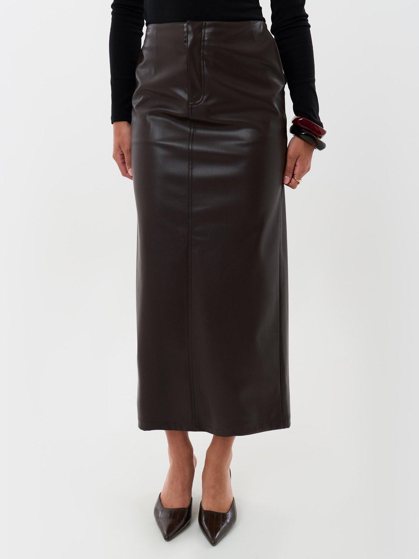 Image 1 of 4 of Threadbare Faux Leather Maxi Skirt In Chocolate Brown