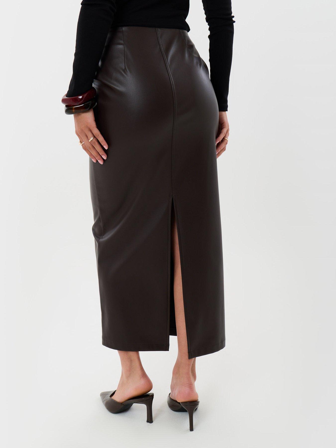 Image 2 of 4 of Threadbare Faux Leather Maxi Skirt In Chocolate Brown