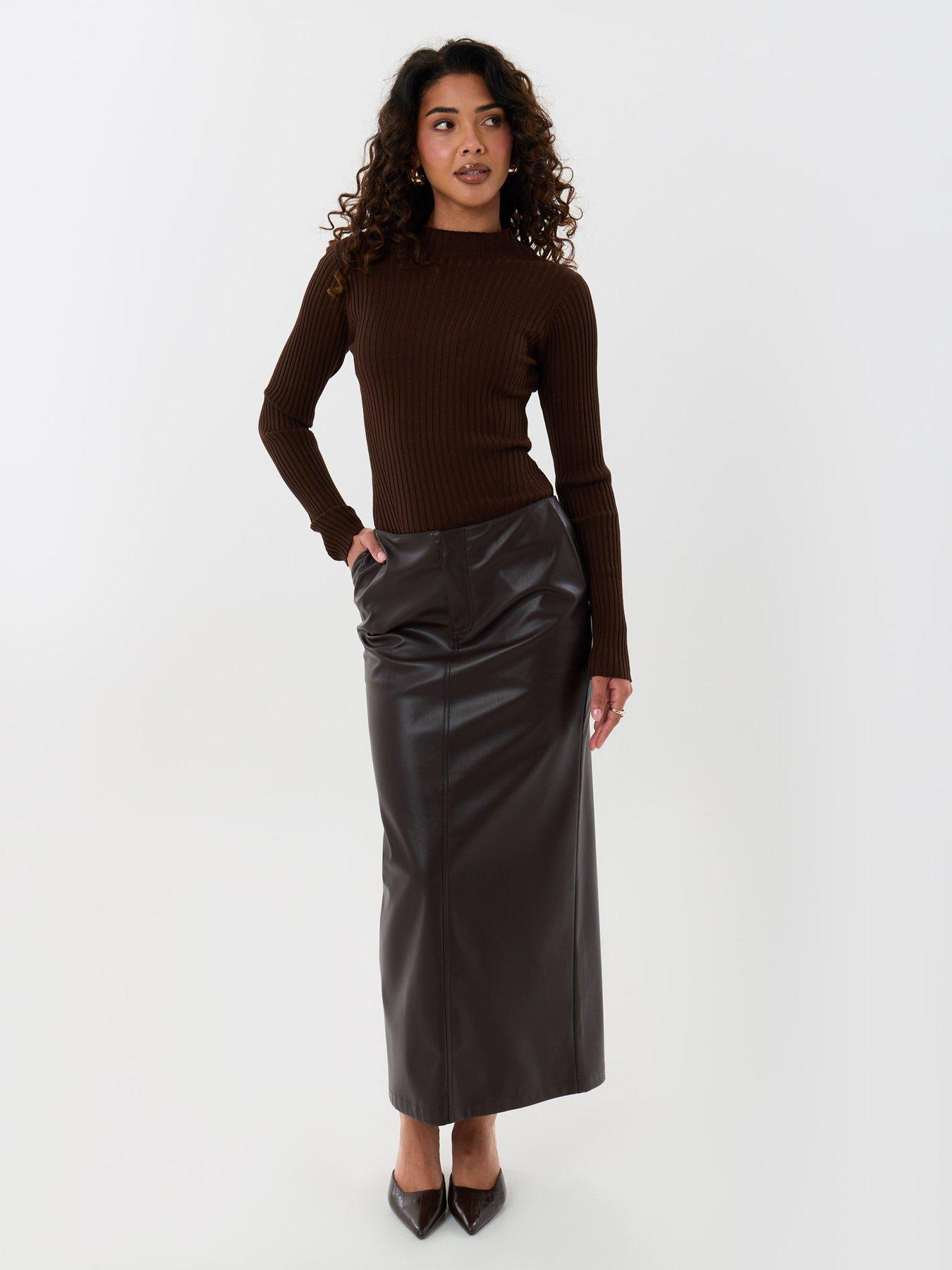 Image 3 of 4 of Threadbare Faux Leather Maxi Skirt In Chocolate Brown