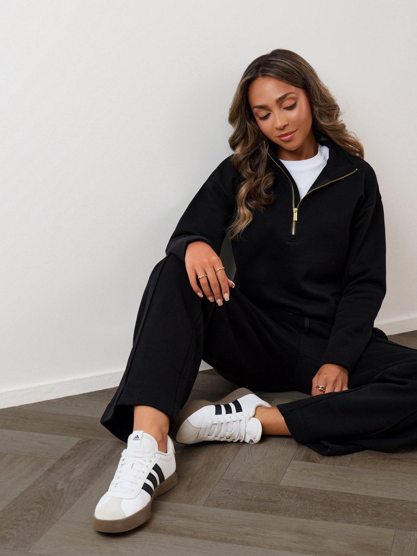 Image 1 of 4 of Threadbare Funnel Neck Wide Leg Sweat Set In Black