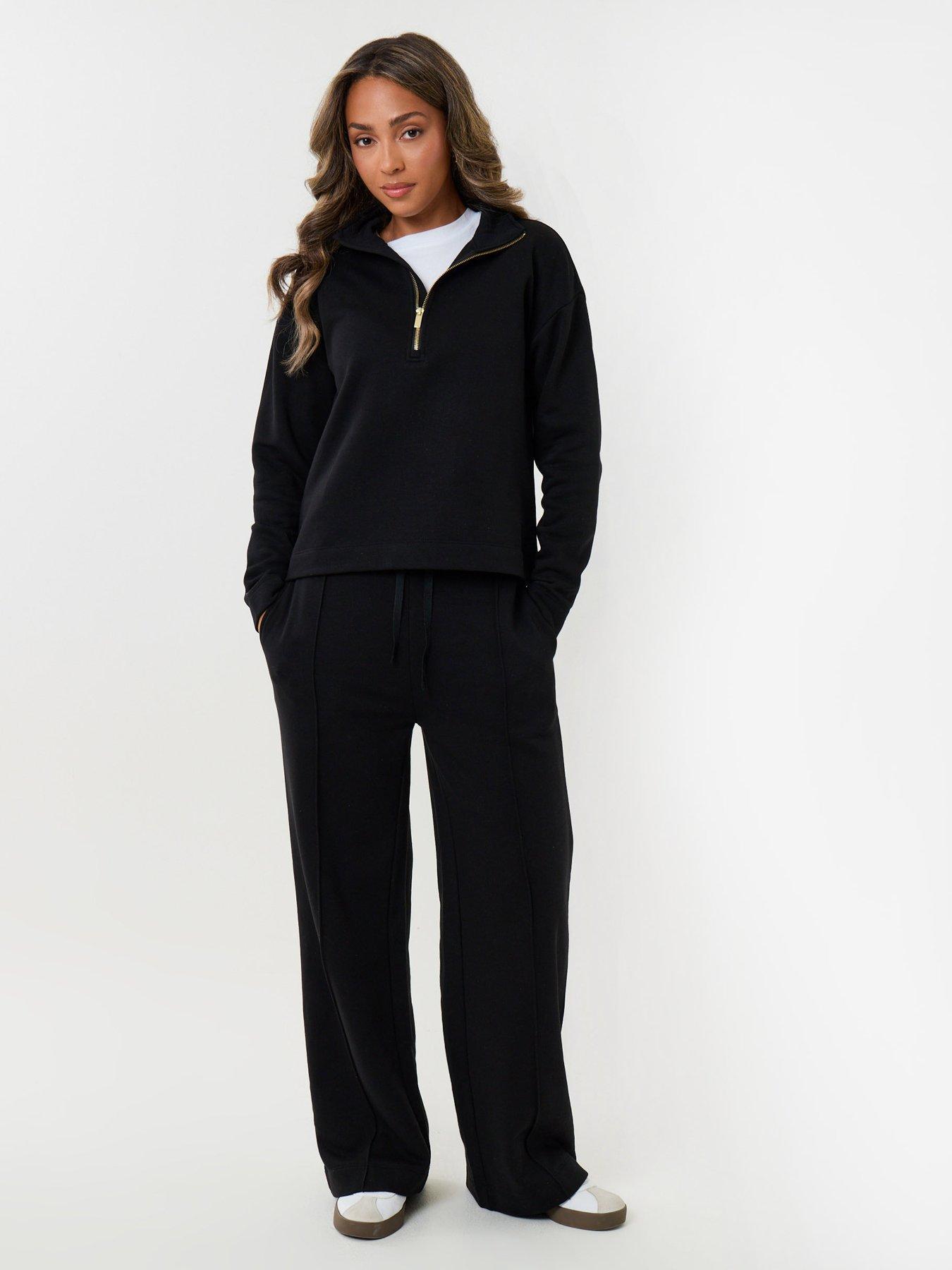 Image 3 of 4 of Threadbare Funnel Neck Wide Leg Sweat Set In Black