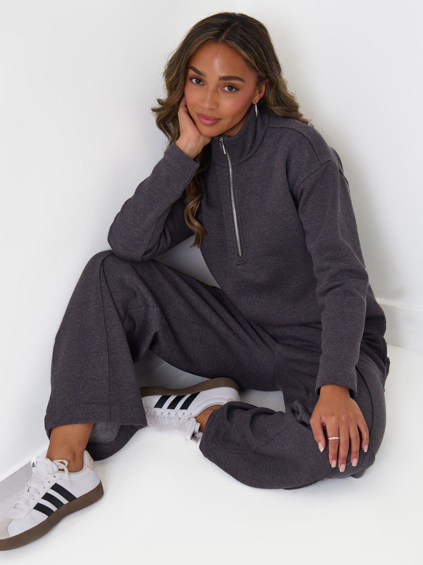 Image 1 of 5 of Threadbare Womens Funnel Neck Half Zip Wide Leg Sweatshirt Set - Grey