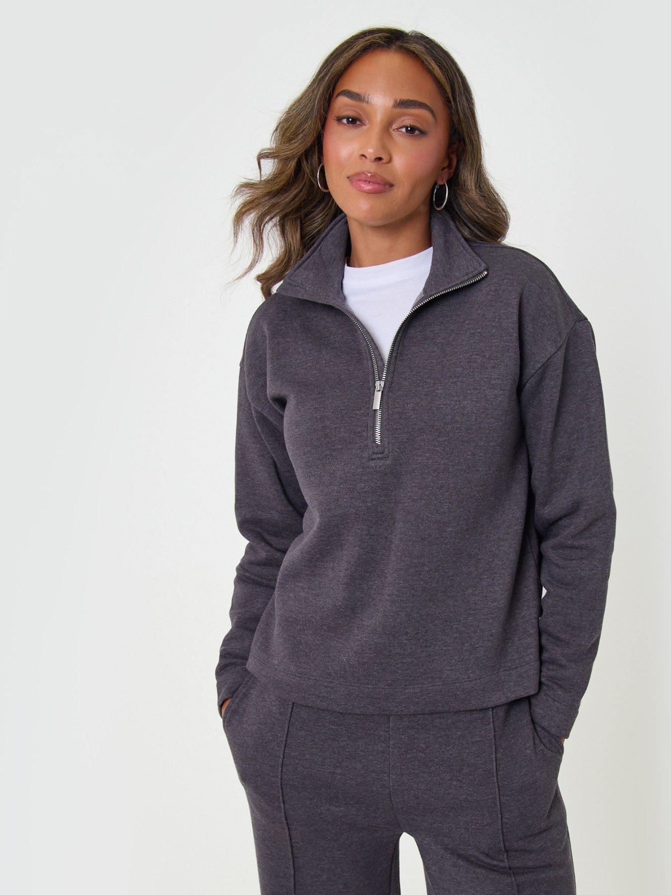 Image 3 of 5 of Threadbare Womens Funnel Neck Half Zip Wide Leg Sweatshirt Set - Grey