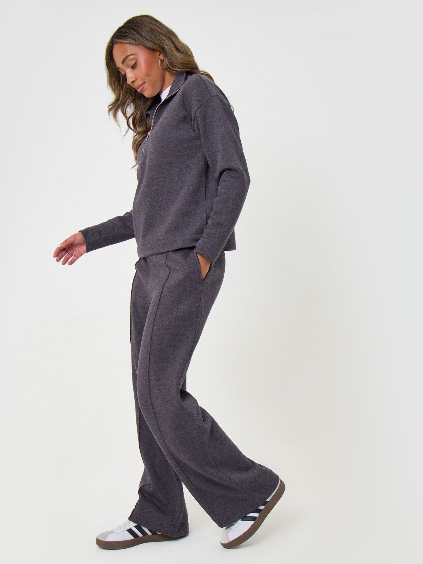 Image 5 of 5 of Threadbare Womens Funnel Neck Half Zip Wide Leg Sweatshirt Set - Grey