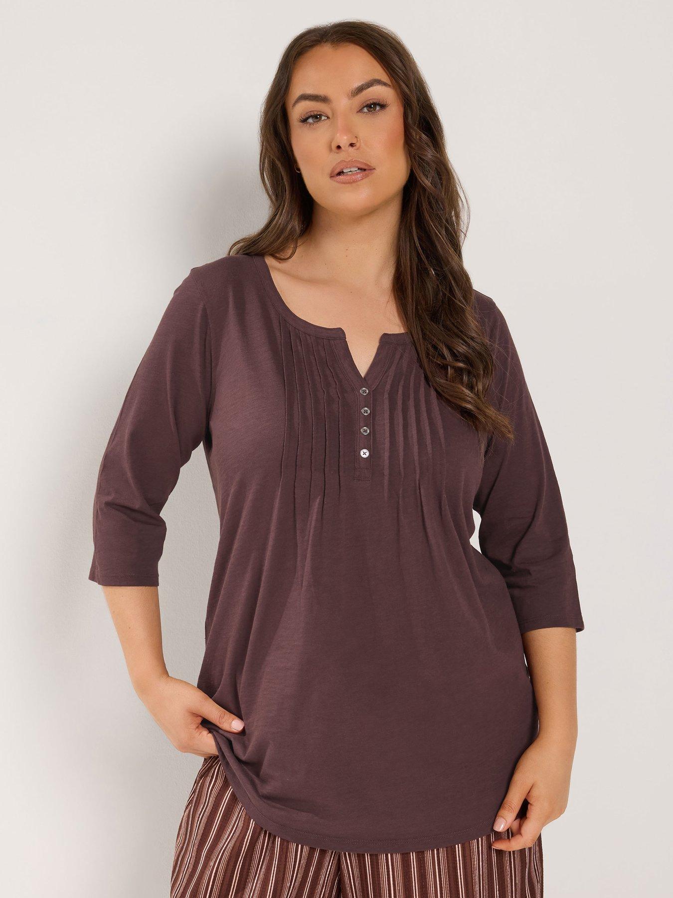 Yours Curve Pintuck Henley Top - Brown