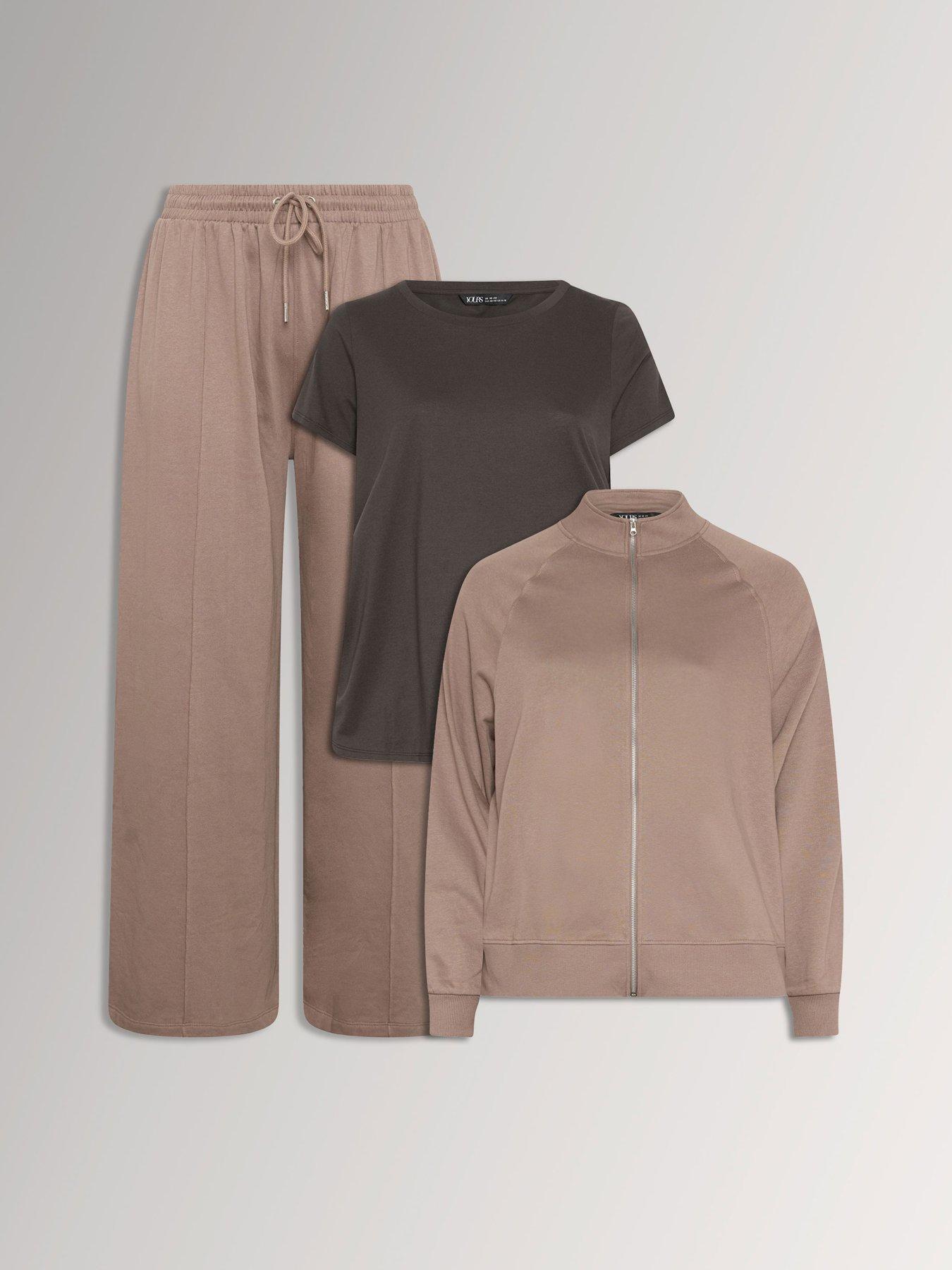 Image 1 of 4 of Yours Womens Curve Funnel Neck Zip 3 Piece Sweatshirt Set - Brown