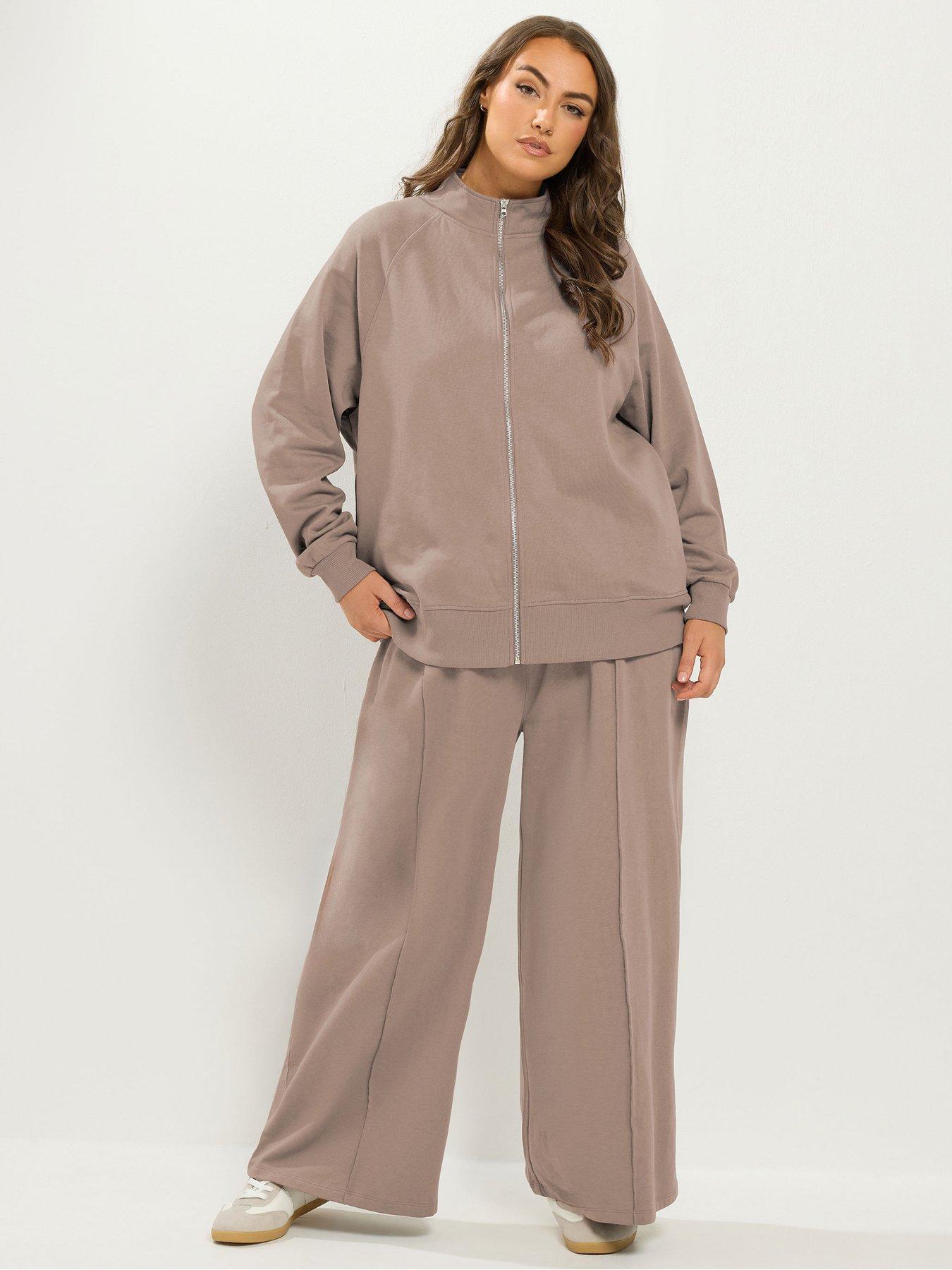 Image 3 of 4 of Yours Womens Curve Funnel Neck Zip 3 Piece Sweatshirt Set - Brown