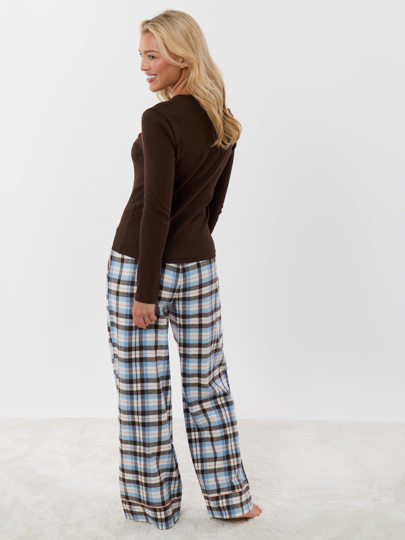Image 2 of 5 of Threadbare Cotton Long Pyjama Set In Chocolate Brown Check