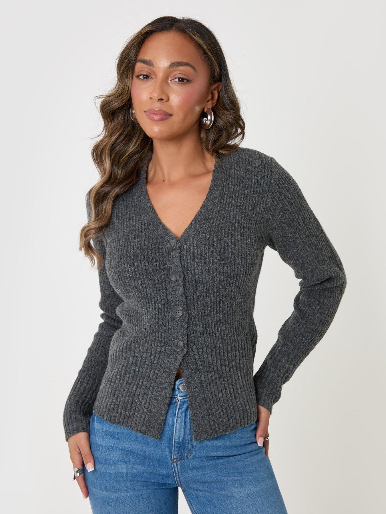 Image 1 of 4 of Threadbare Womens V Neck Ribbed Knit Cardigan - Grey
