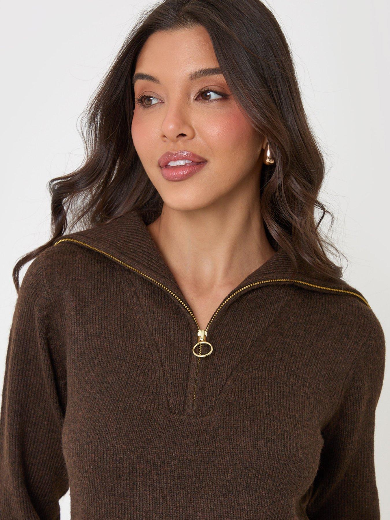 Image 4 of 4 of Threadbare Quarter Zip Brushed Knit Mini Dress In Chocolate Brown