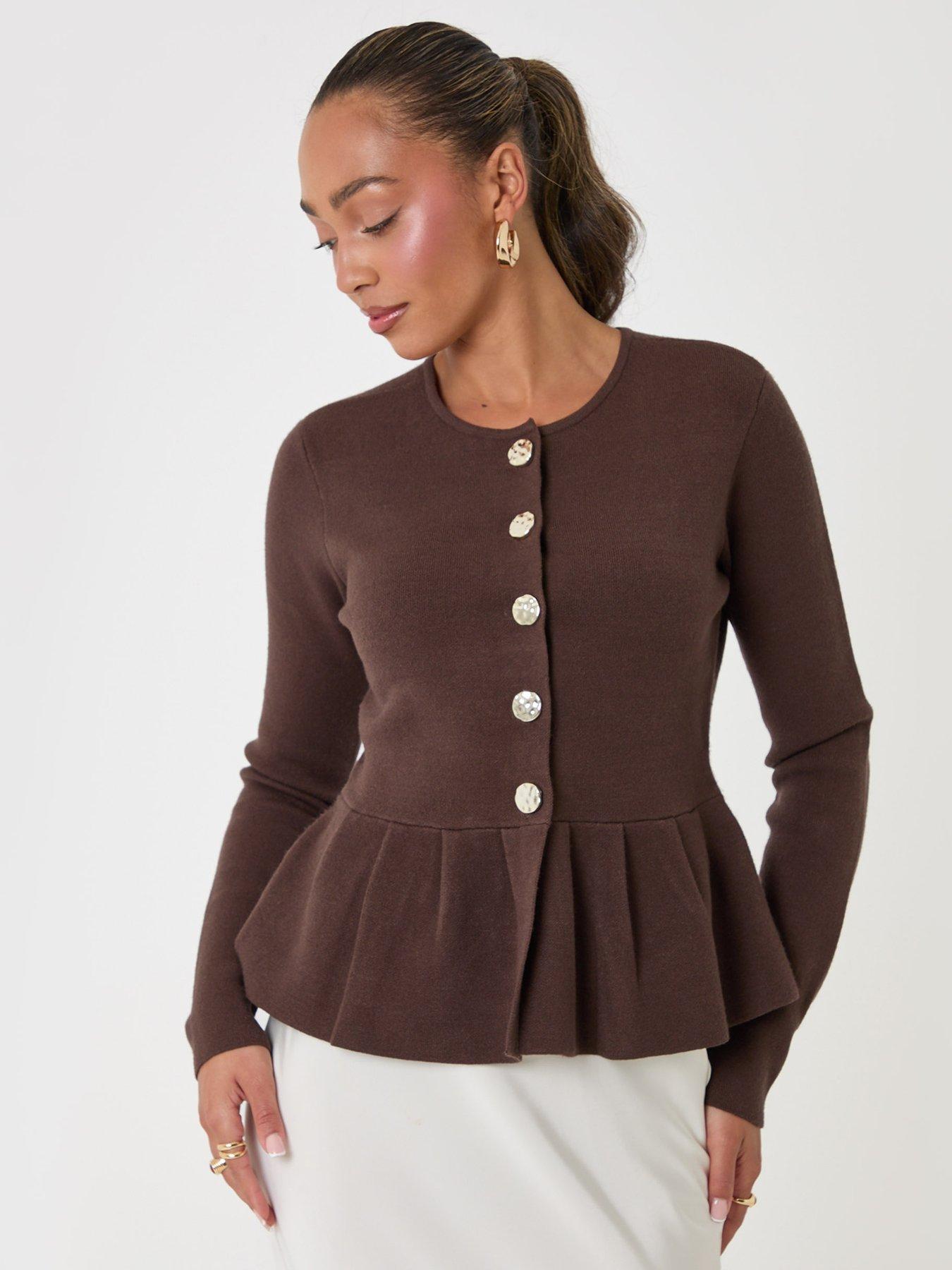 Image 1 of 4 of Threadbare Threadbare Womens Crew Neck Peplum Metallic Button Cardigan - Brown