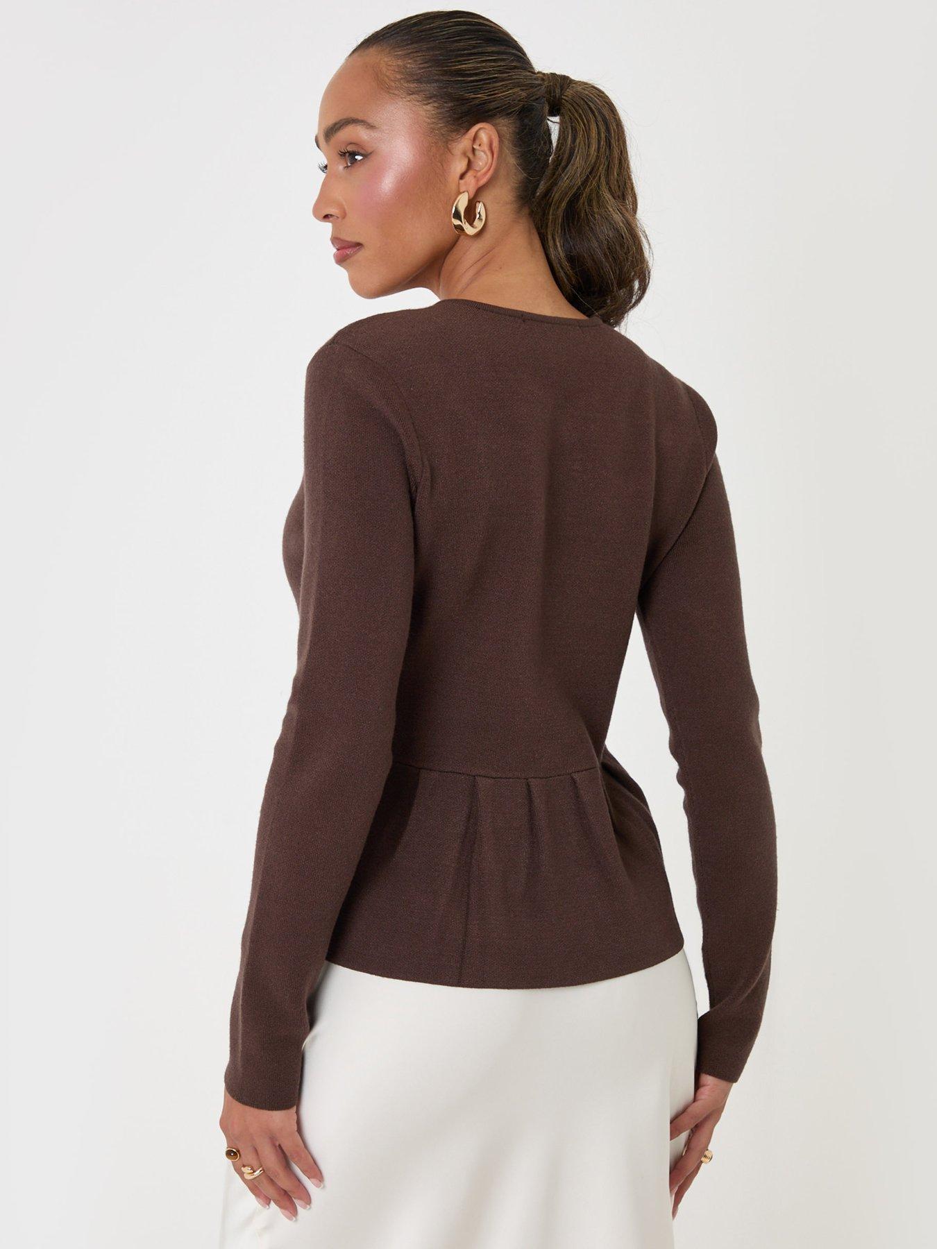 Image 2 of 4 of Threadbare Threadbare Womens Crew Neck Peplum Metallic Button Cardigan - Brown