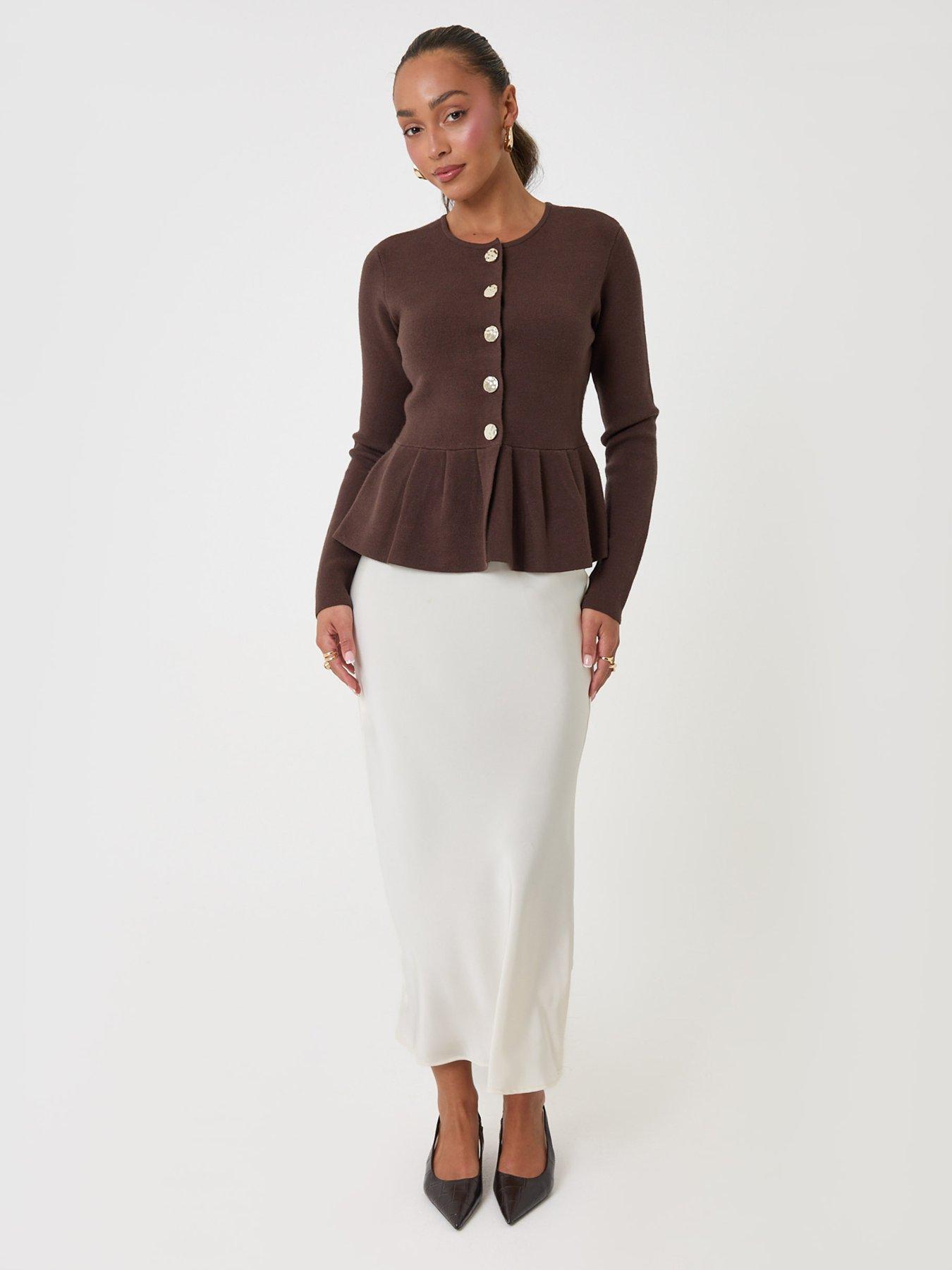 Image 3 of 4 of Threadbare Threadbare Womens Crew Neck Peplum Metallic Button Cardigan - Brown