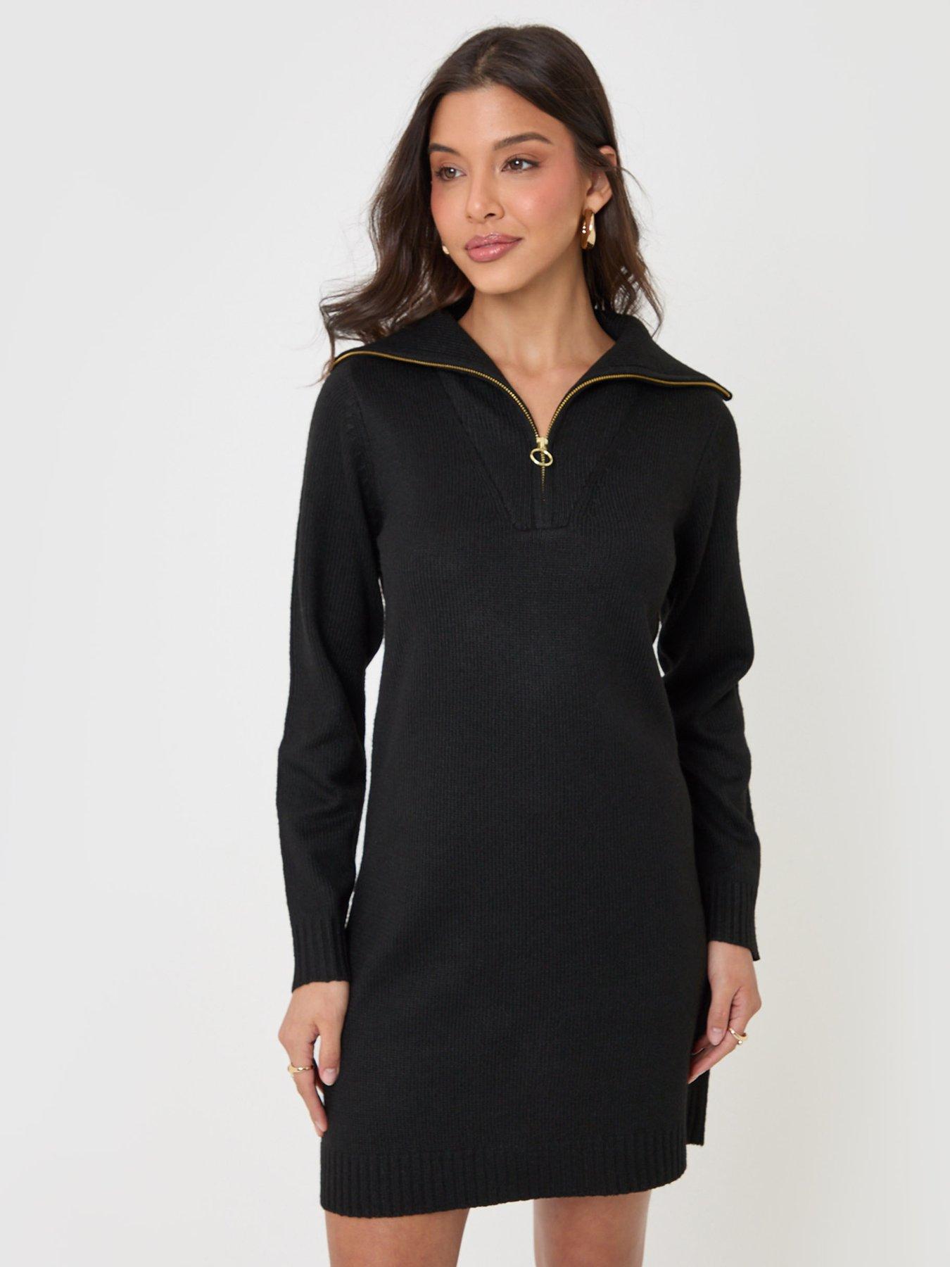 Image 1 of 4 of Threadbare Quarter Zip Brushed Knit Mini Dress In Black