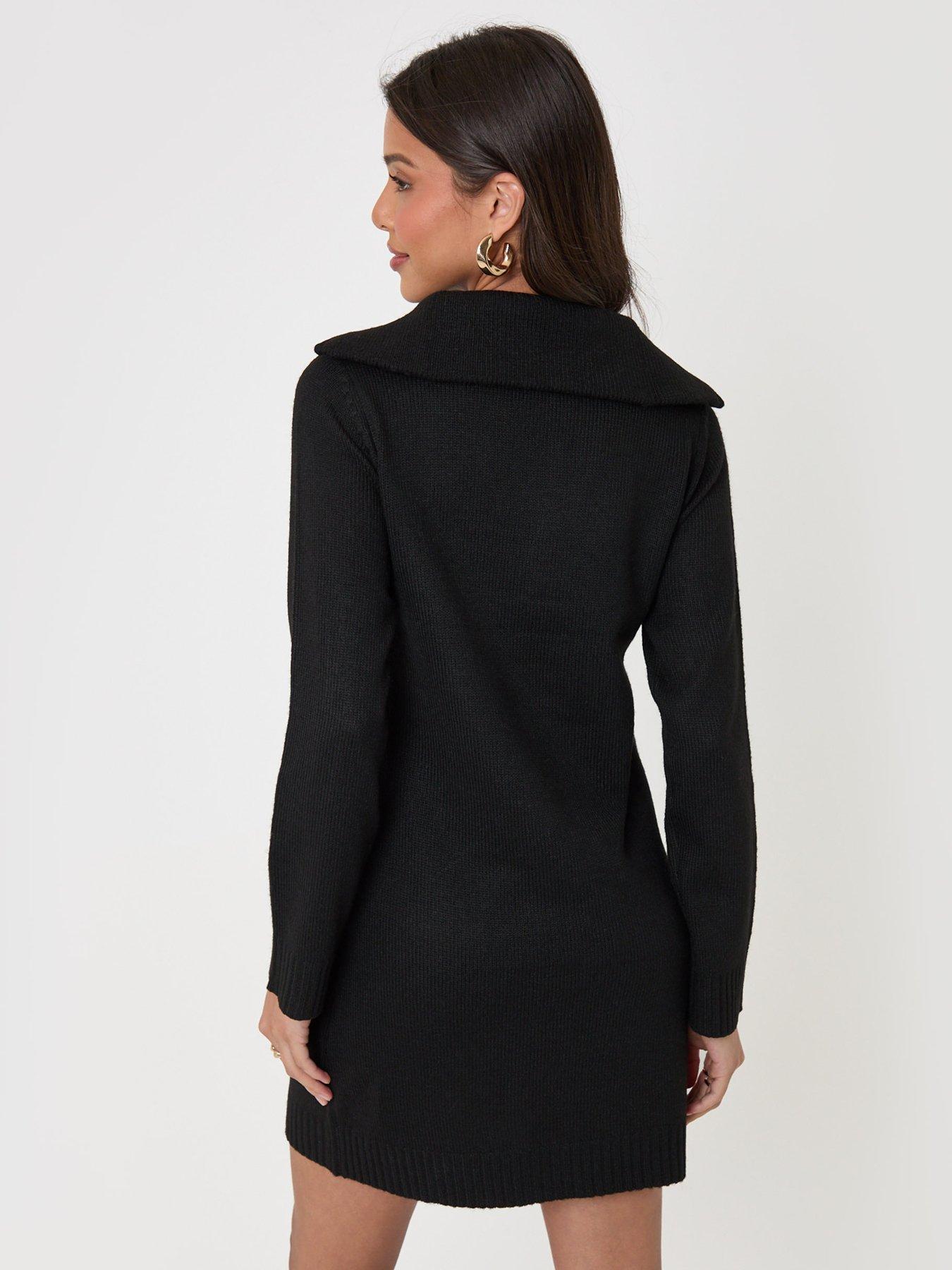 Image 2 of 4 of Threadbare Quarter Zip Brushed Knit Mini Dress In Black