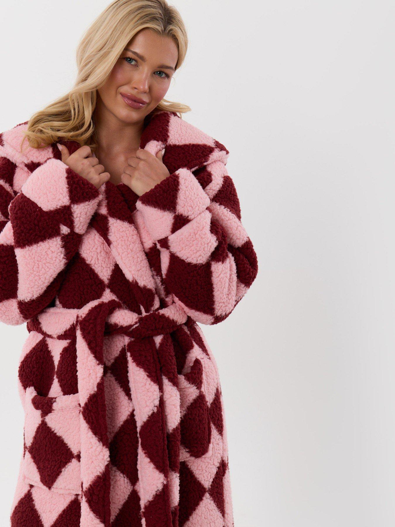 Image 1 of 6 of Threadbare Harlequin Hooded Dressing Gown In Pink & Red