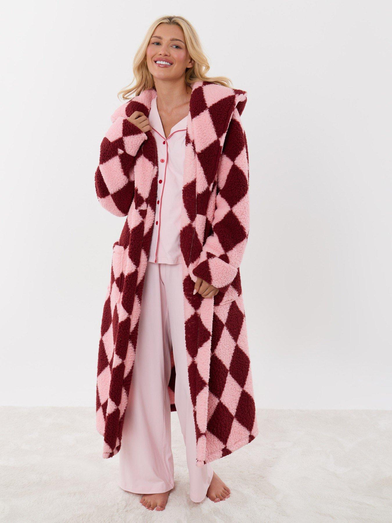 Image 4 of 6 of Threadbare Harlequin Hooded Dressing Gown In Pink & Red