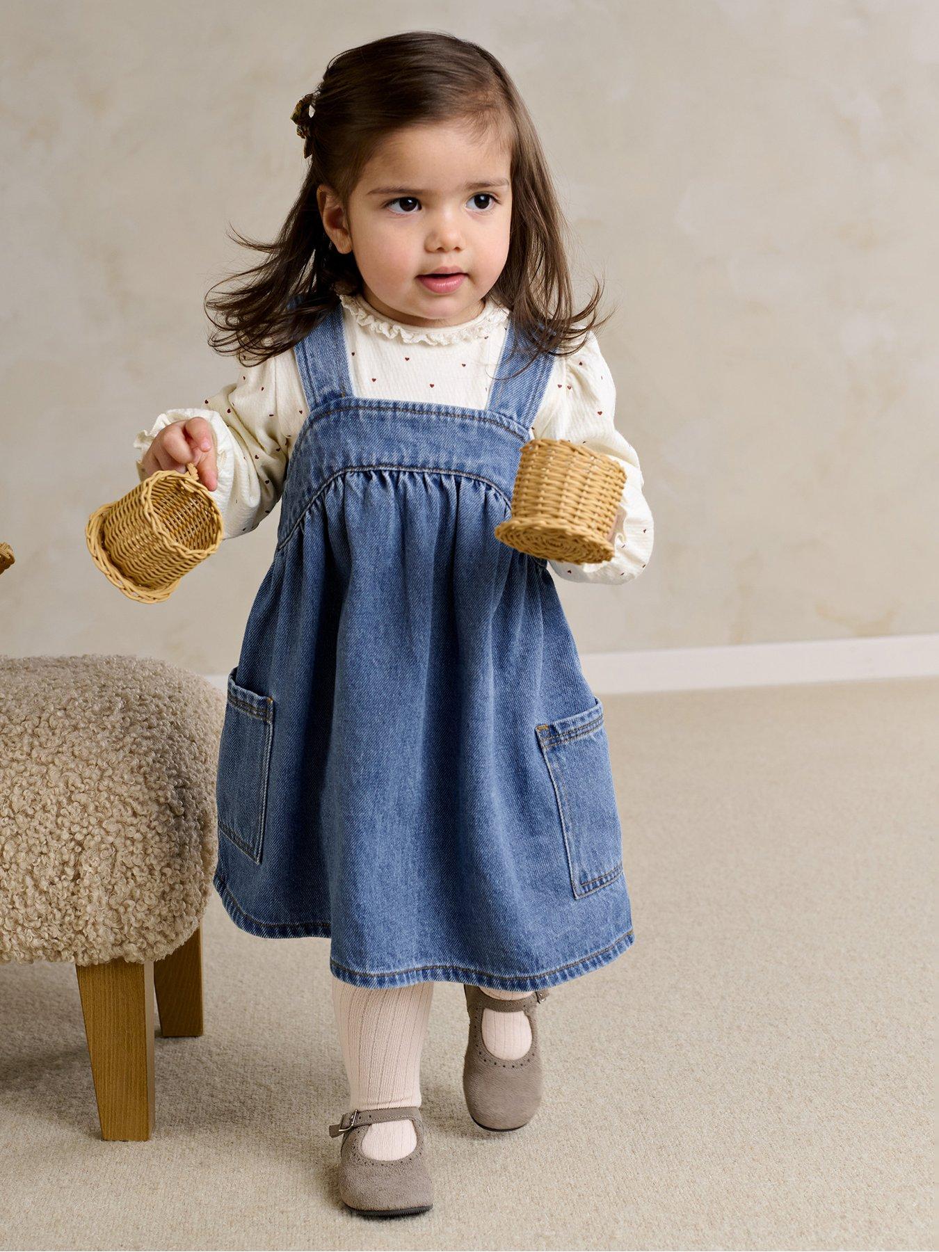 Mamas & Papas Baby Girls 2 Piece Denim Pinny Dress & Heart Bodysuit Set - Multi