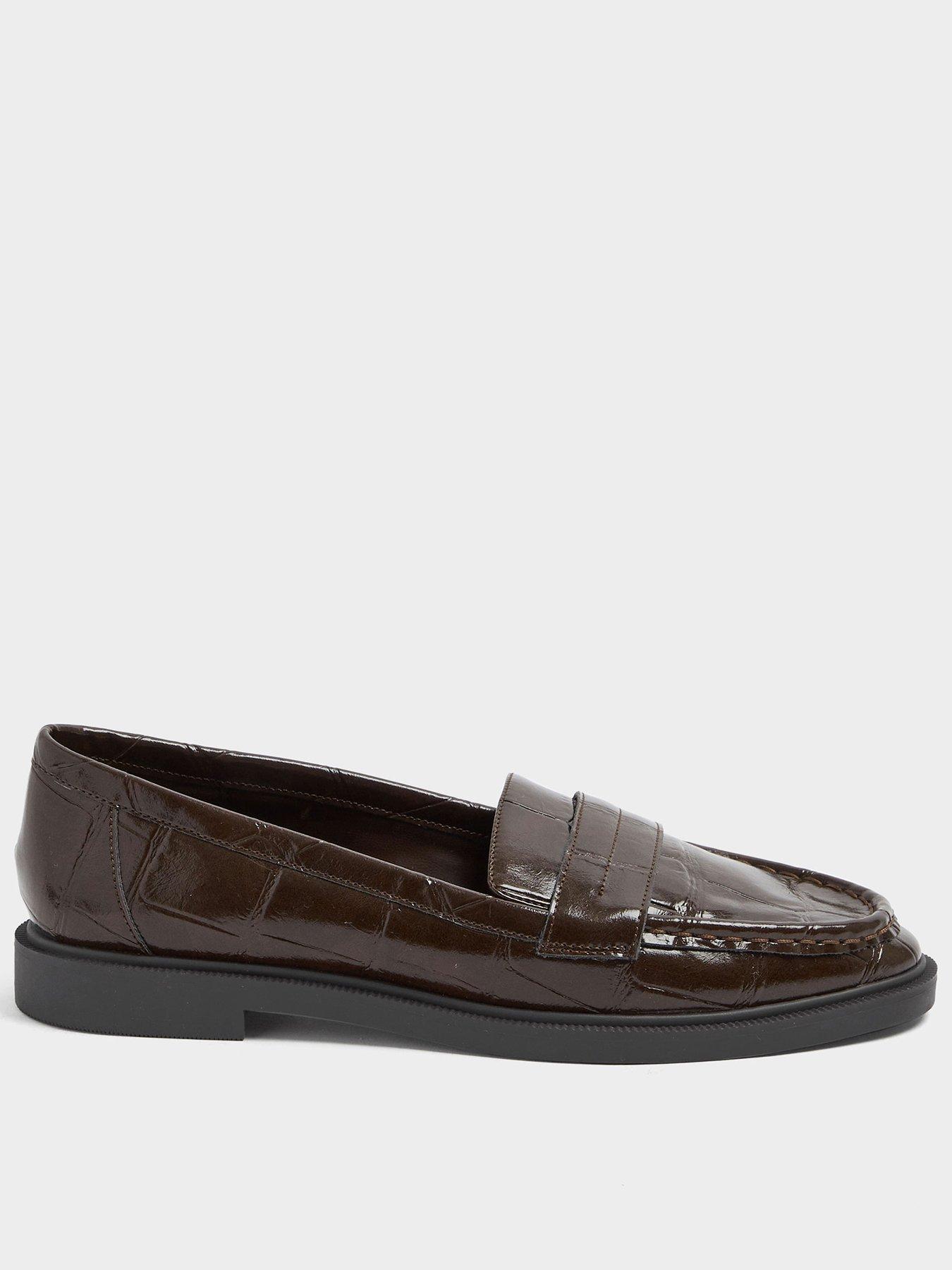Yours Curve Extra Wide Fit Croc Embossed Loafers - Brown