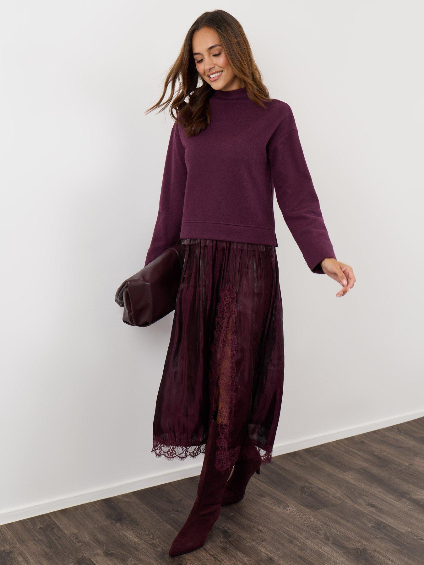 Image 1 of 4 of Threadbare Womens Jumper Dress With Crinkle Satin Skirt - Purple