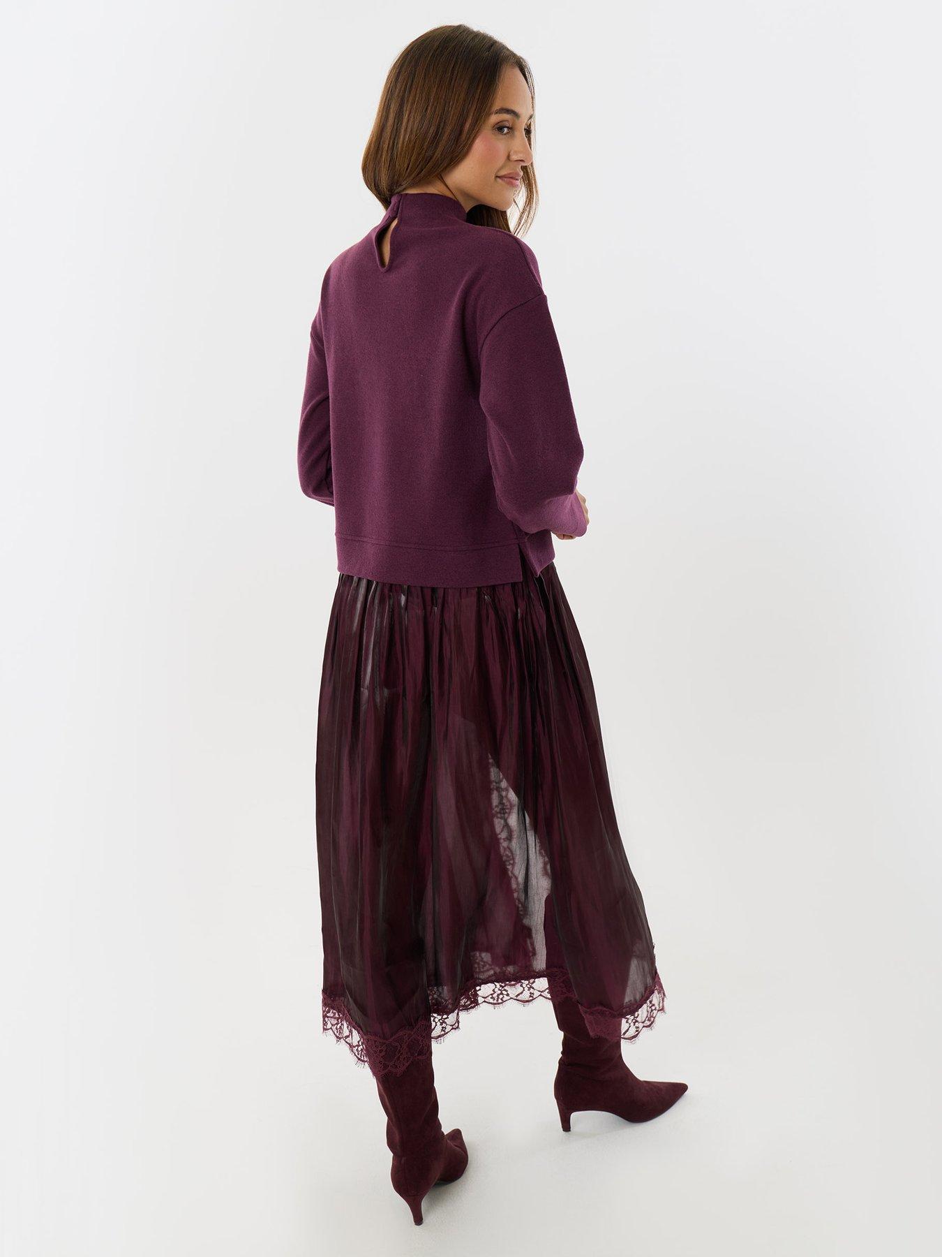 Image 2 of 4 of Threadbare Womens Jumper Dress With Crinkle Satin Skirt - Purple