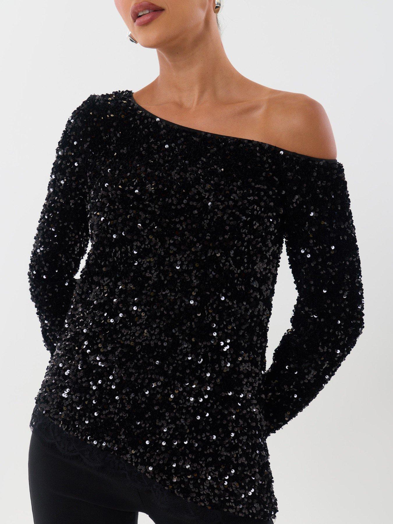 Image 3 of 5 of Threadbare Sequin Asymmetric Top In Black