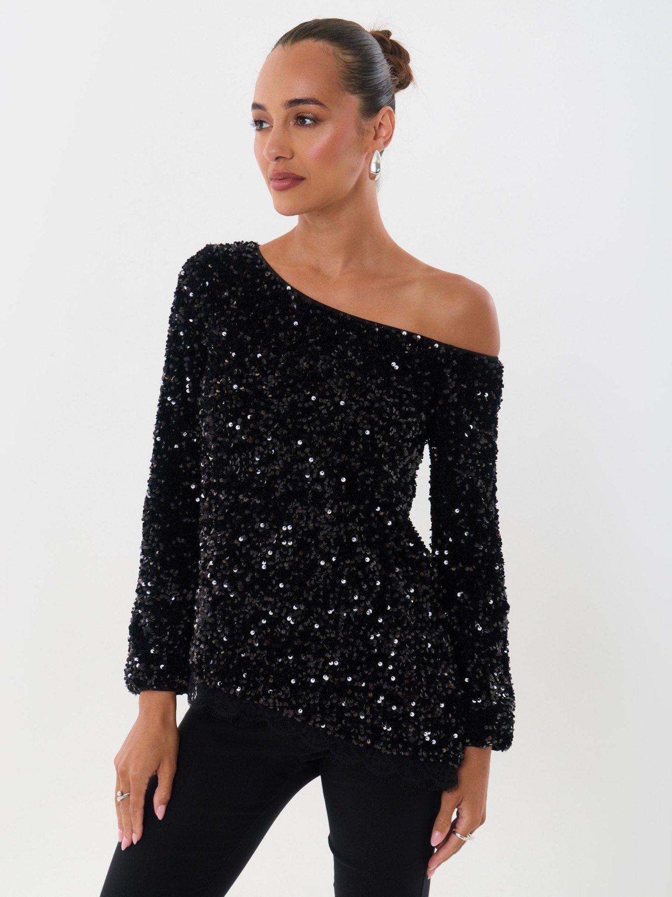 Image 5 of 5 of Threadbare Sequin Asymmetric Top In Black