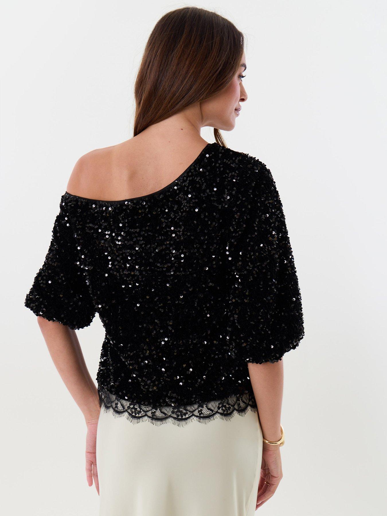 Image 2 of 4 of Threadbare Sequin Slash Neck Puff Sleeve Top In Black