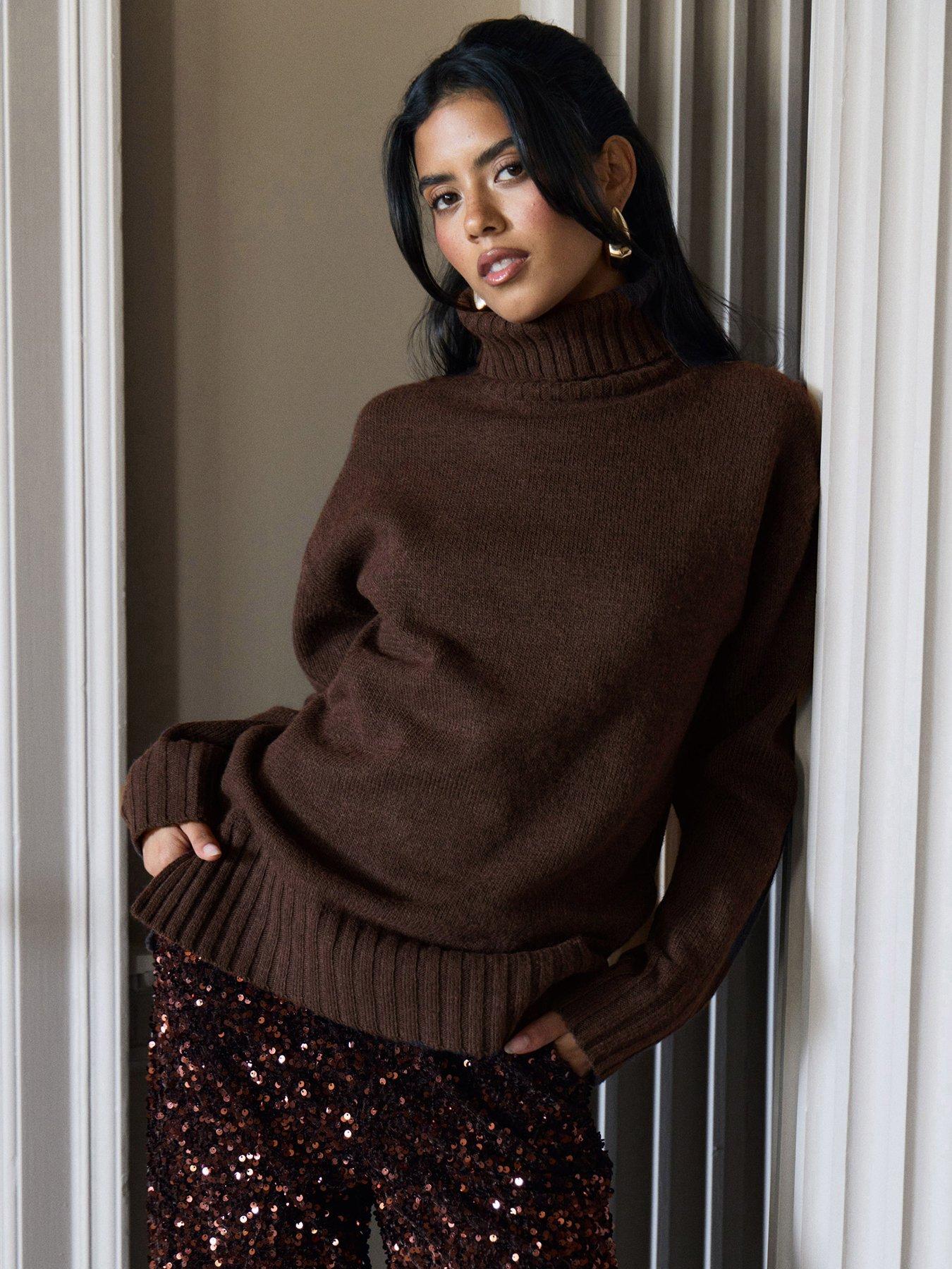 Image 1 of 5 of Threadbare Threadbare Womens Oversized Roll Neck Jumper - Chocolate Brown
