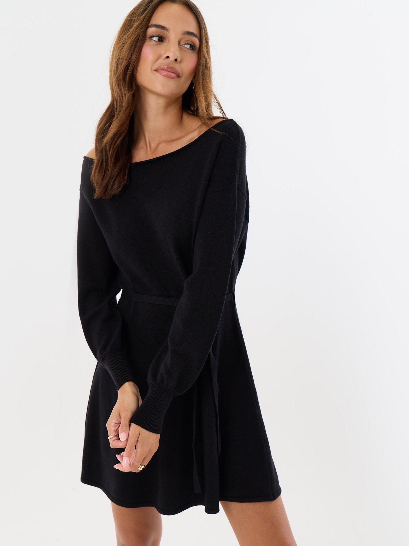Image 1 of 4 of Threadbare Slash Neck Belted Mini Jumper Dress In Black