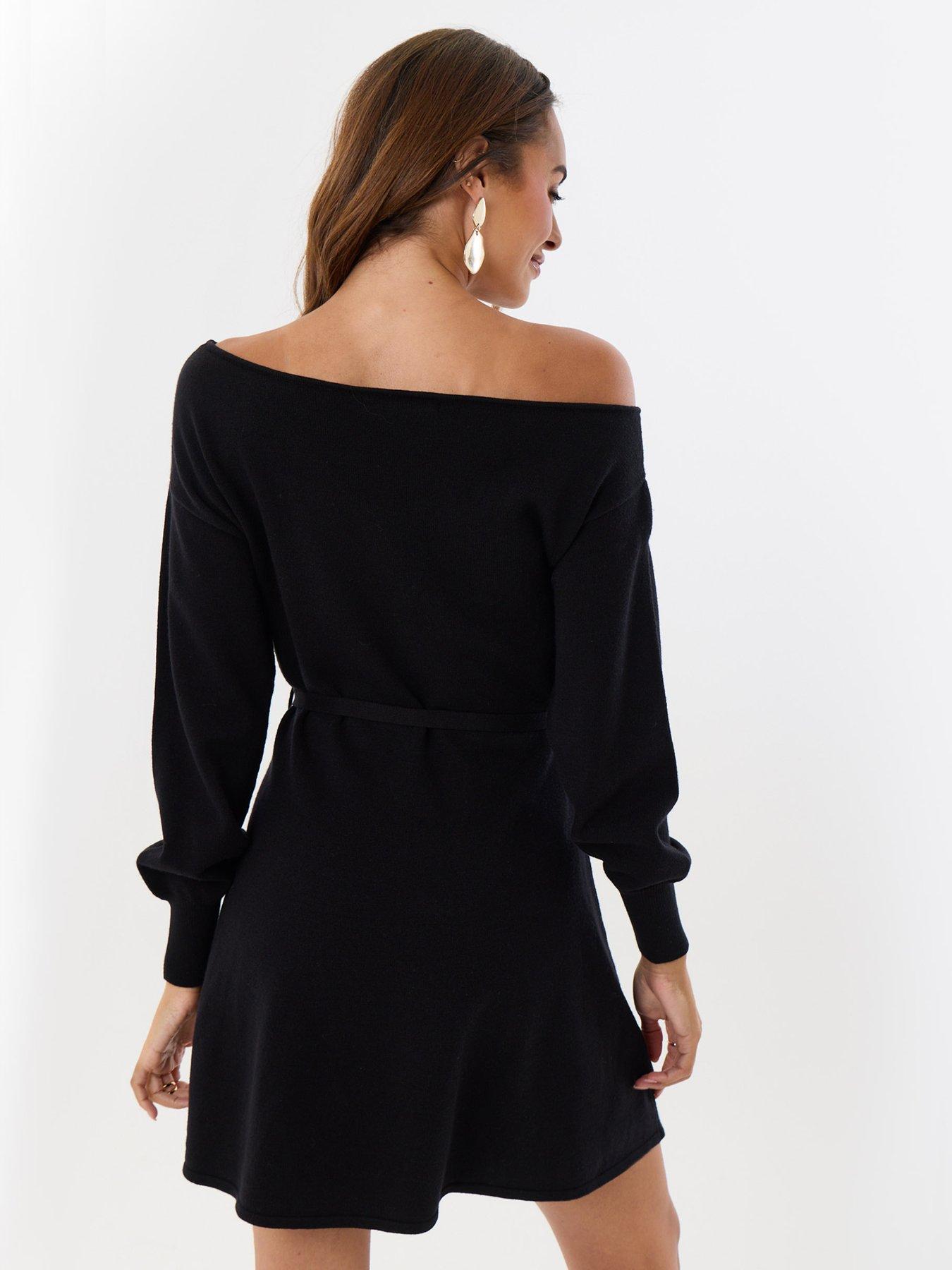 Image 2 of 4 of Threadbare Slash Neck Belted Mini Jumper Dress In Black