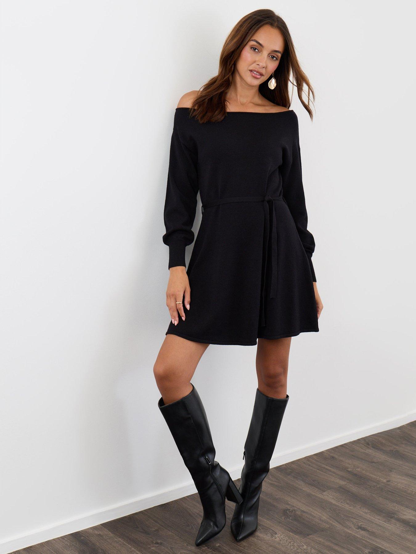 Image 3 of 4 of Threadbare Slash Neck Belted Mini Jumper Dress In Black