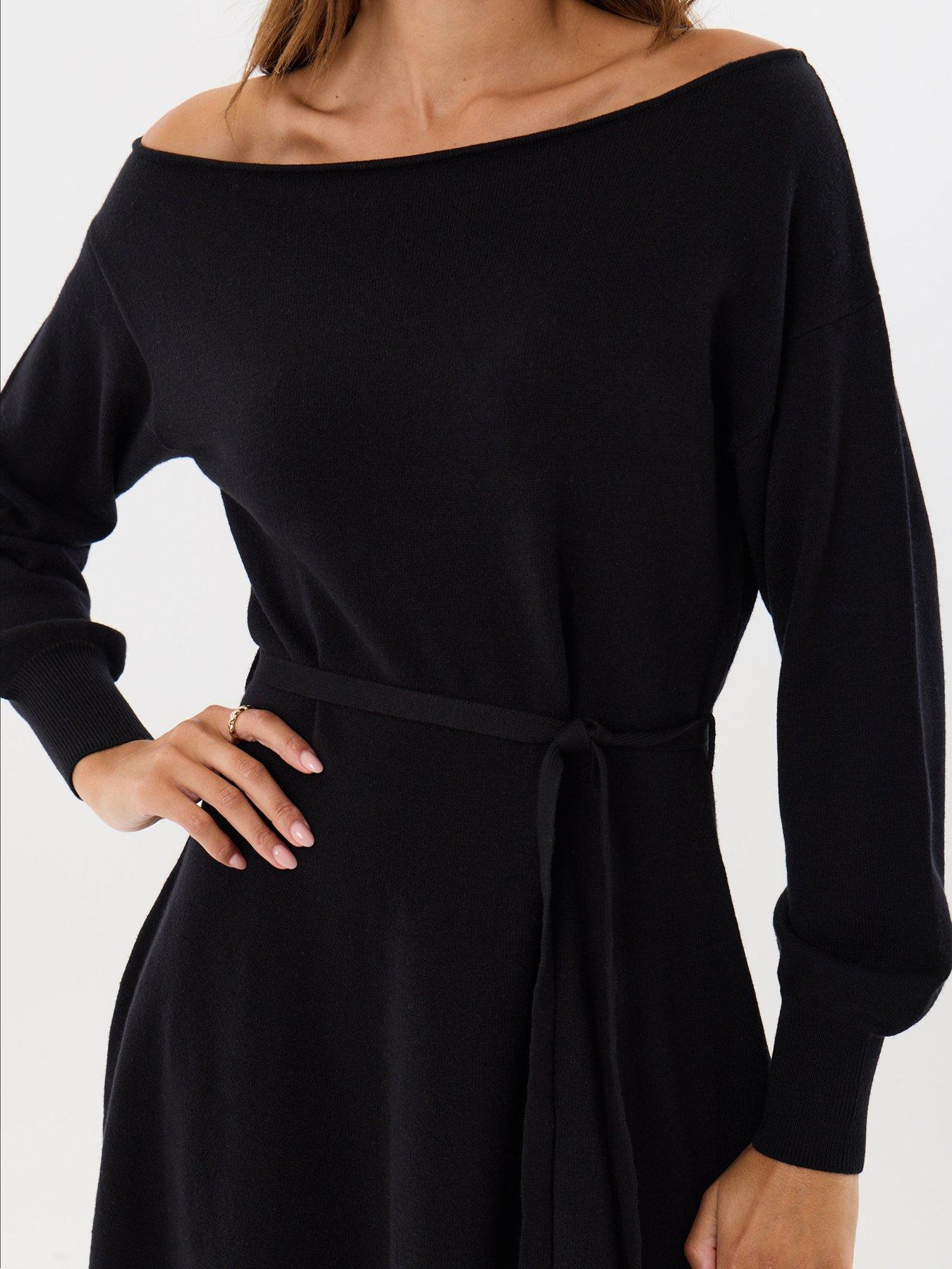 Image 4 of 4 of Threadbare Slash Neck Belted Mini Jumper Dress In Black