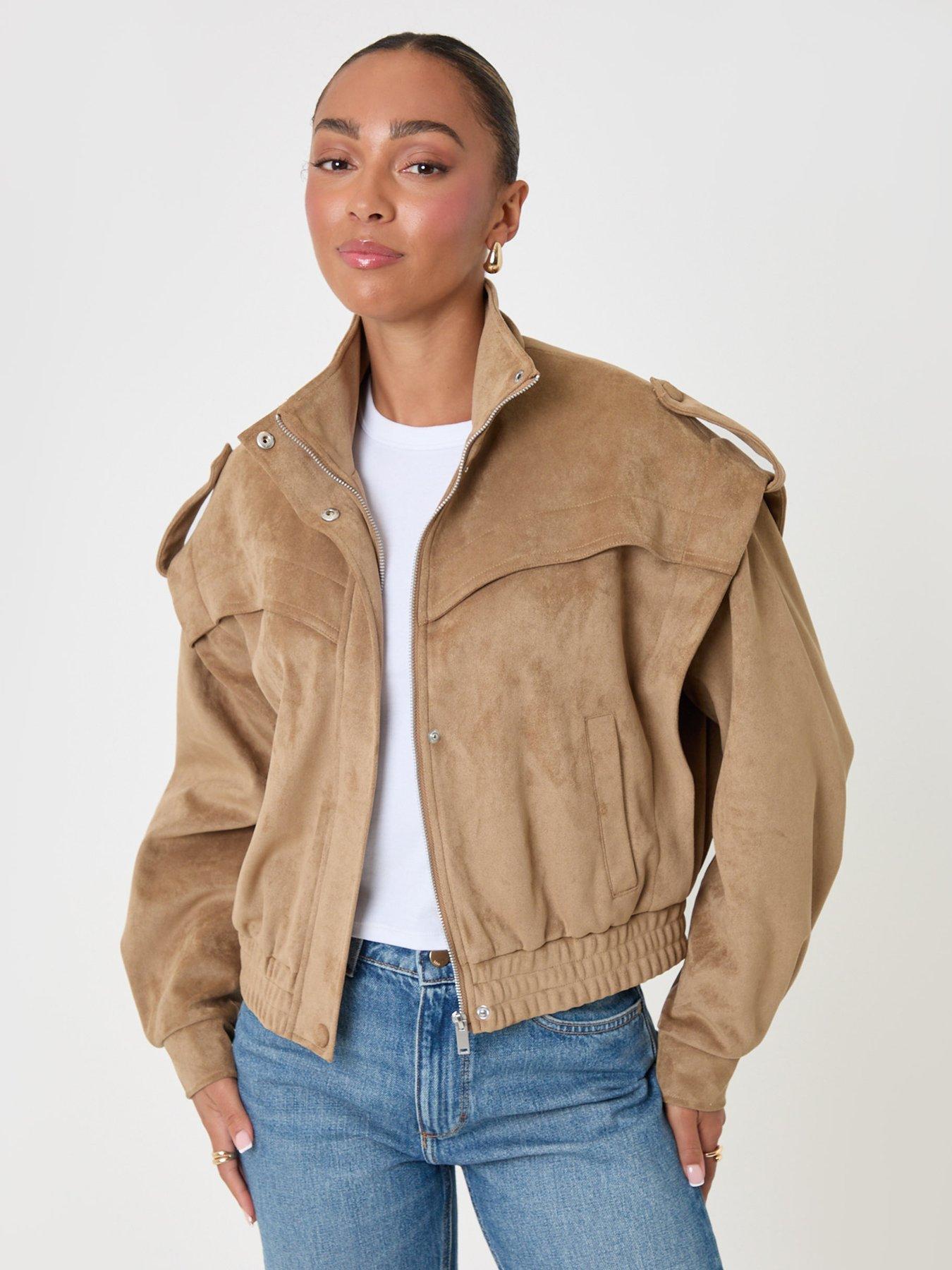 Image 1 of 4 of Threadbare Womens Cape Shoulder Faux Suede High Neck Bomber Jacket - Brown