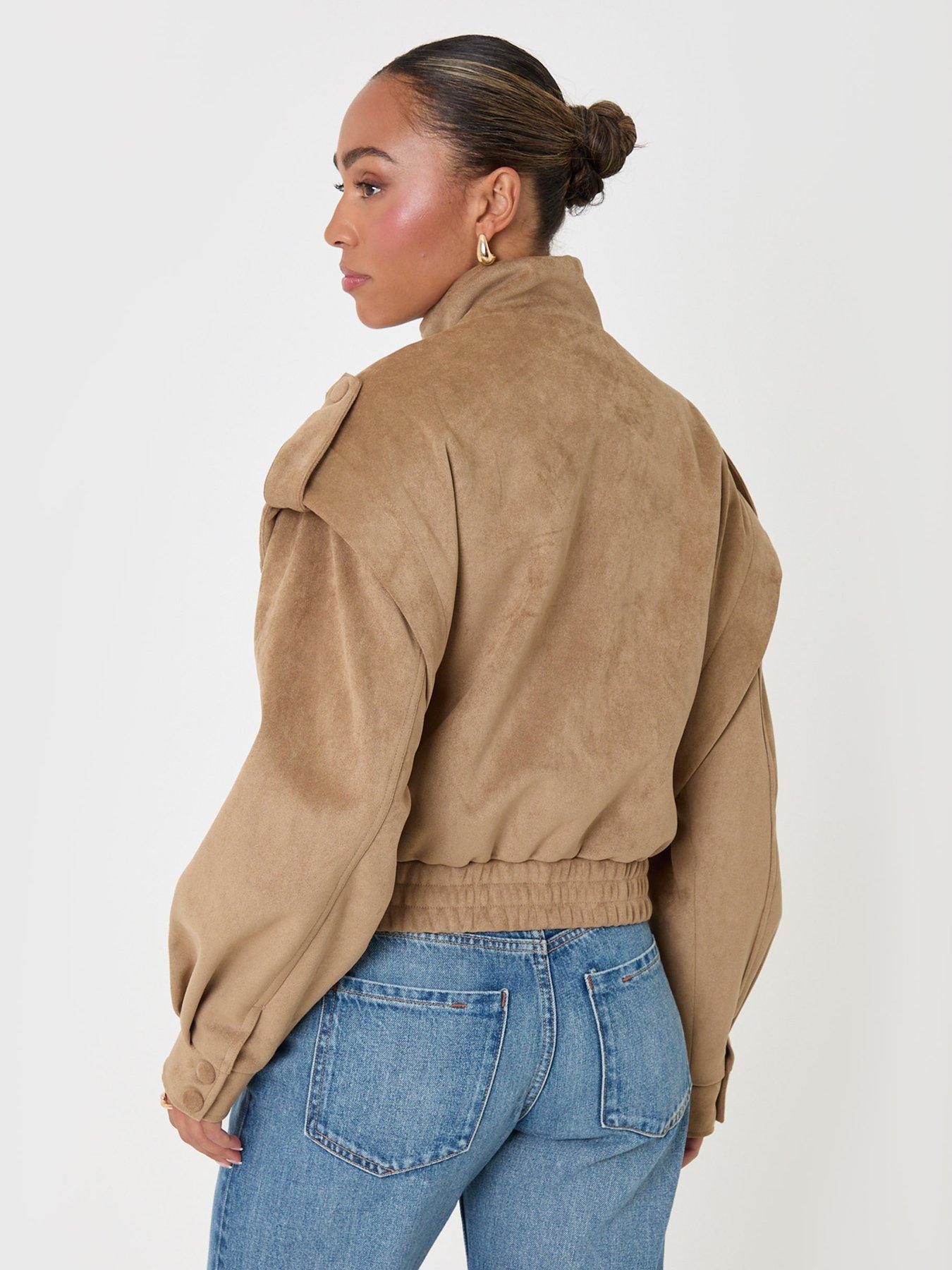 Image 2 of 4 of Threadbare Womens Cape Shoulder Faux Suede High Neck Bomber Jacket - Brown