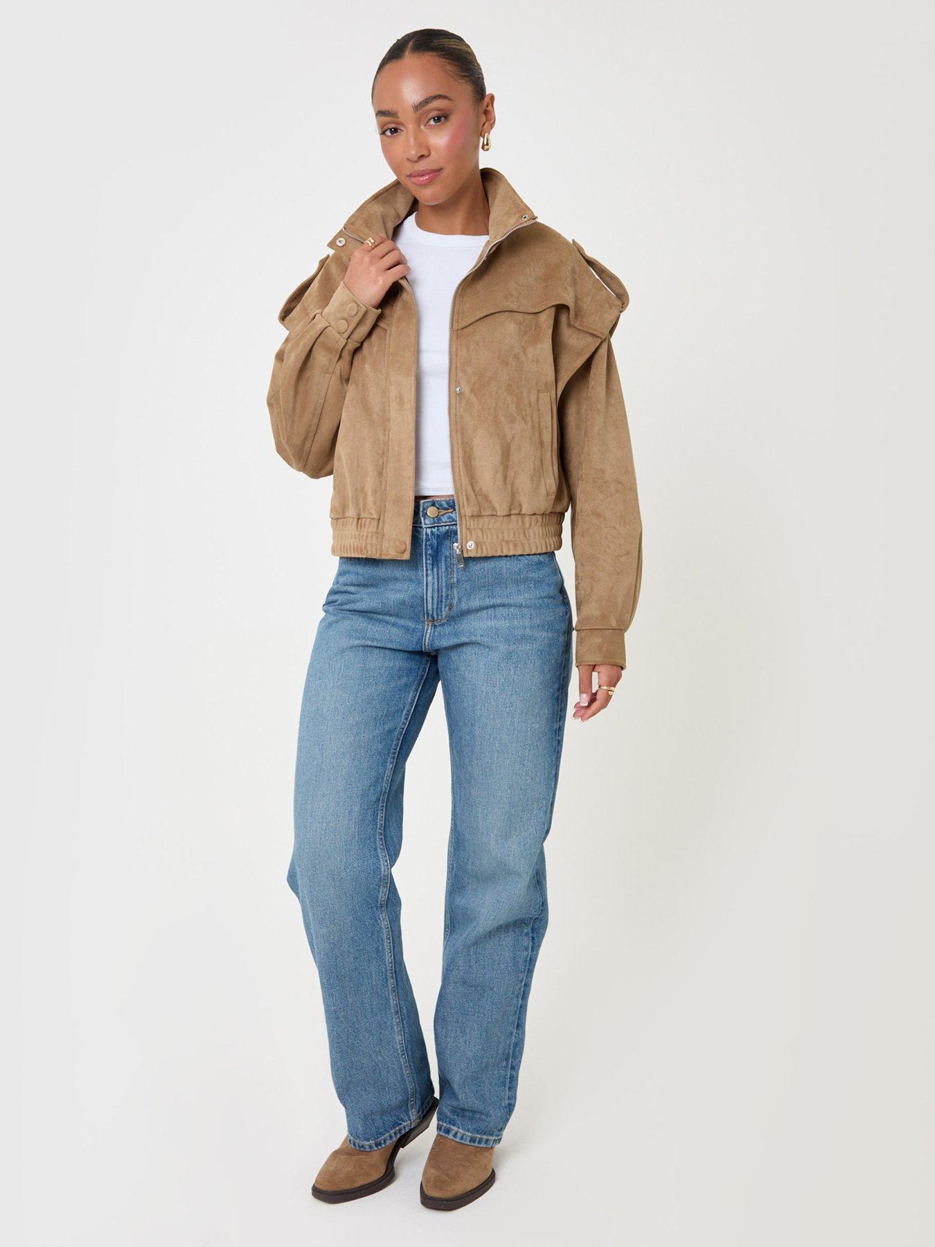 Image 3 of 4 of Threadbare Womens Cape Shoulder Faux Suede High Neck Bomber Jacket - Brown