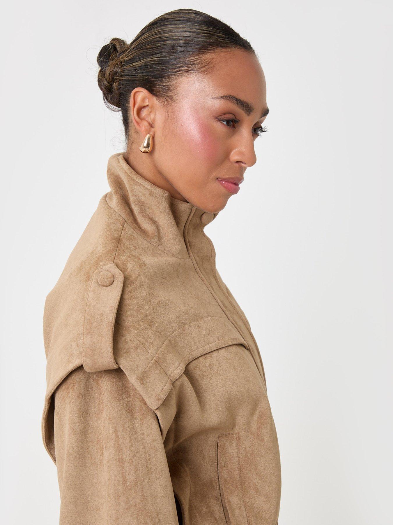 Image 4 of 4 of Threadbare Womens Cape Shoulder Faux Suede High Neck Bomber Jacket - Brown