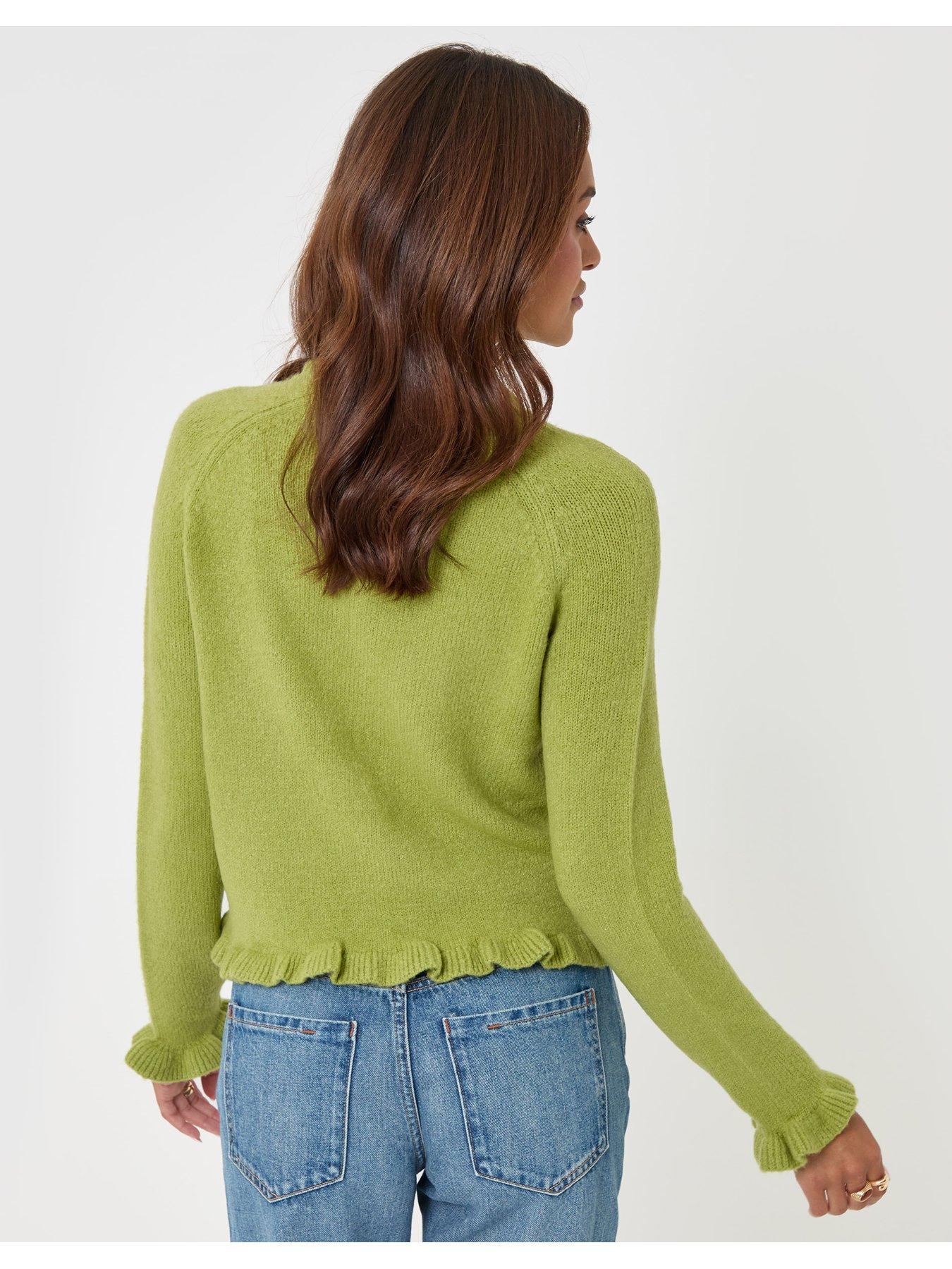Image 2 of 4 of Threadbare Womens Ruffle Hem Raglan Sleeve Button-Through Cardigan - Green