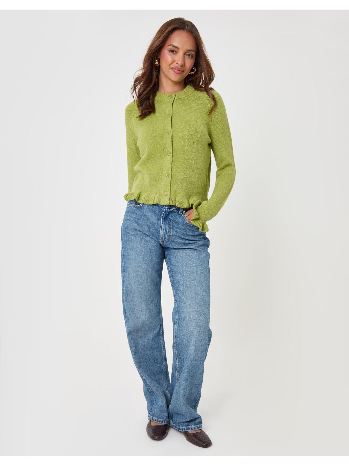Image 3 of 4 of Threadbare Womens Ruffle Hem Raglan Sleeve Button-Through Cardigan - Green