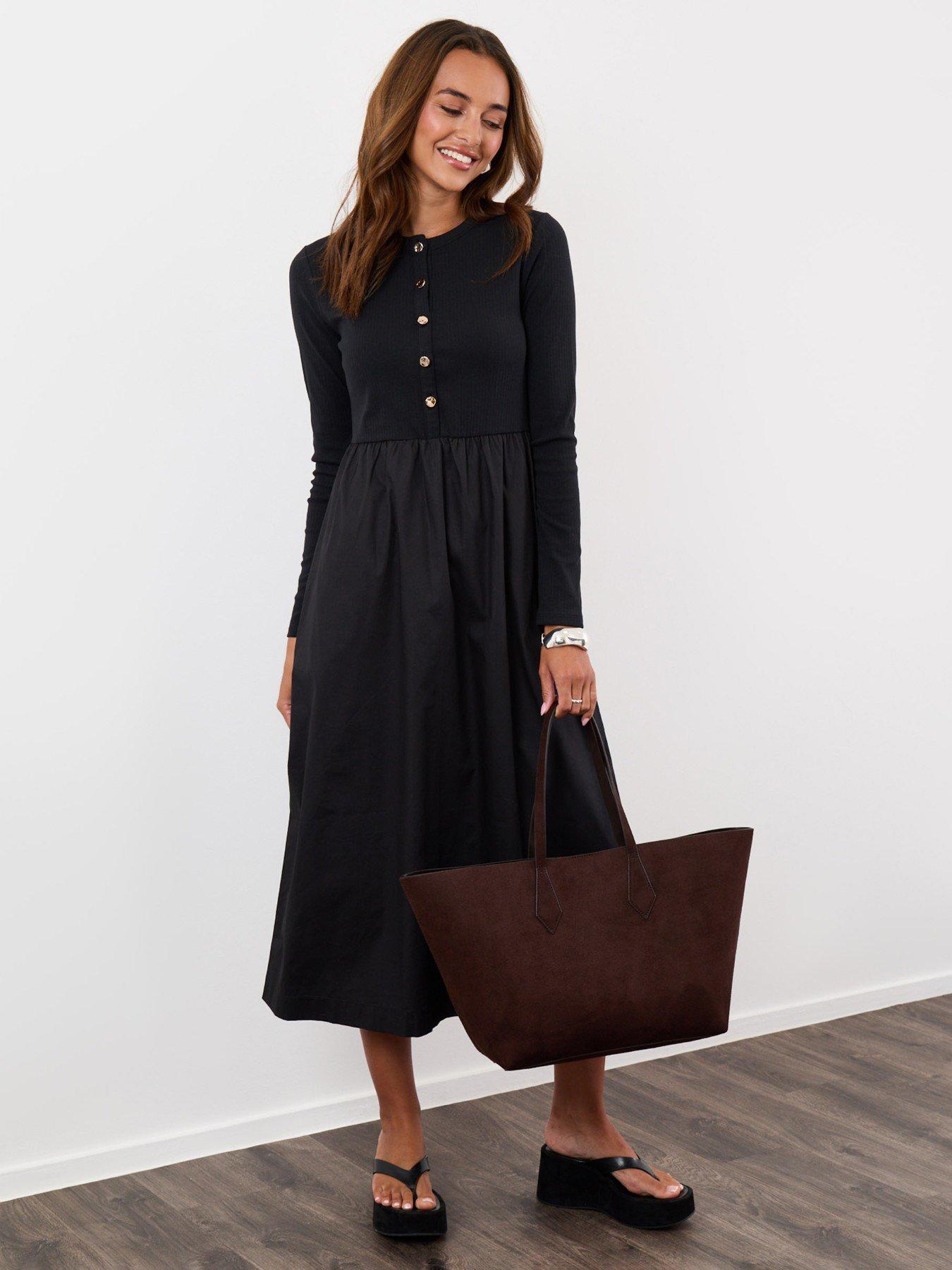 Image 1 of 4 of Threadbare Womens 2-in-1 Button-Up Midaxi Dress - Black