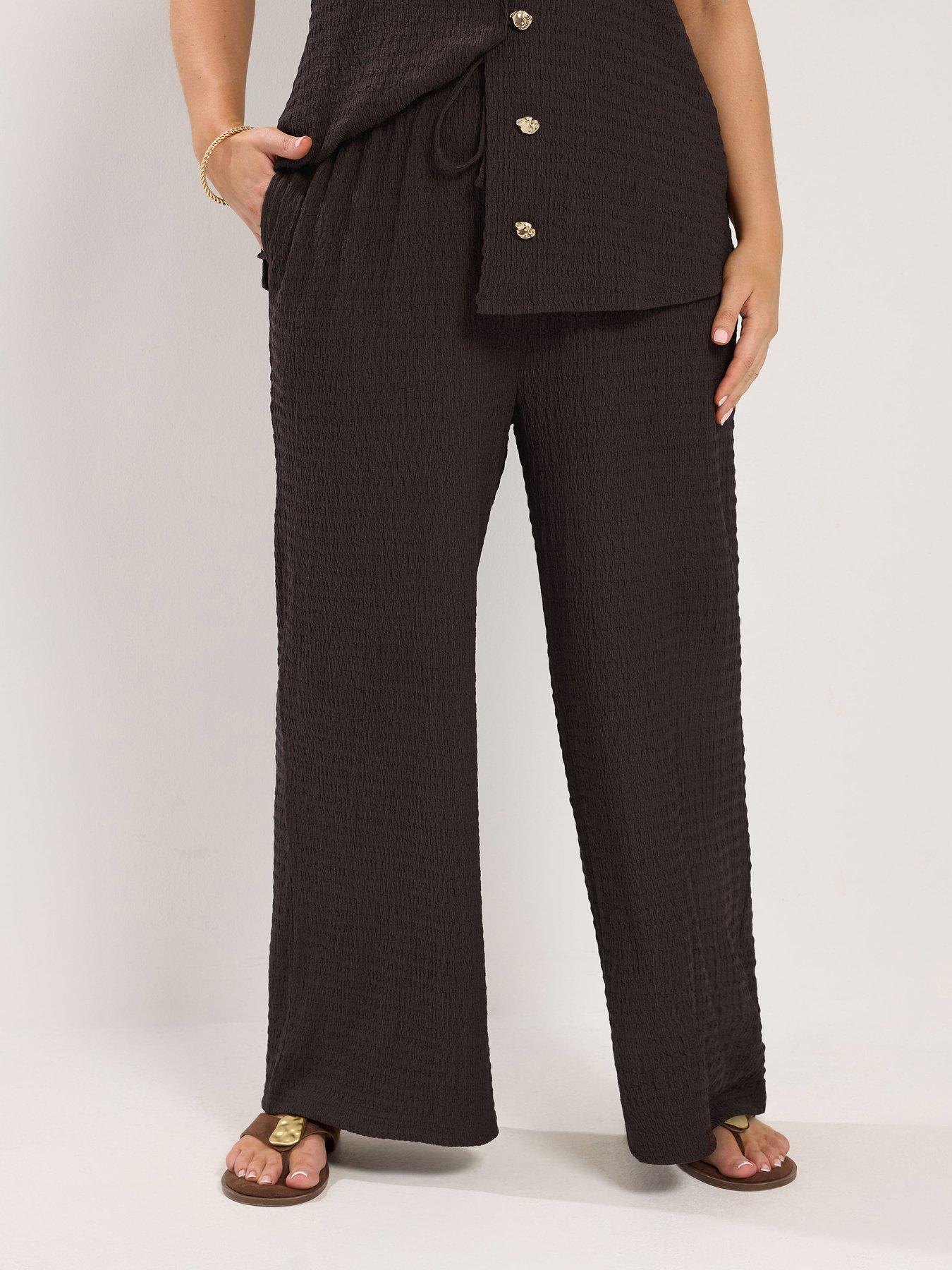 Image 1 of 4 of Yours Curve Crinkle Wide Leg 30" Trousers - Brown