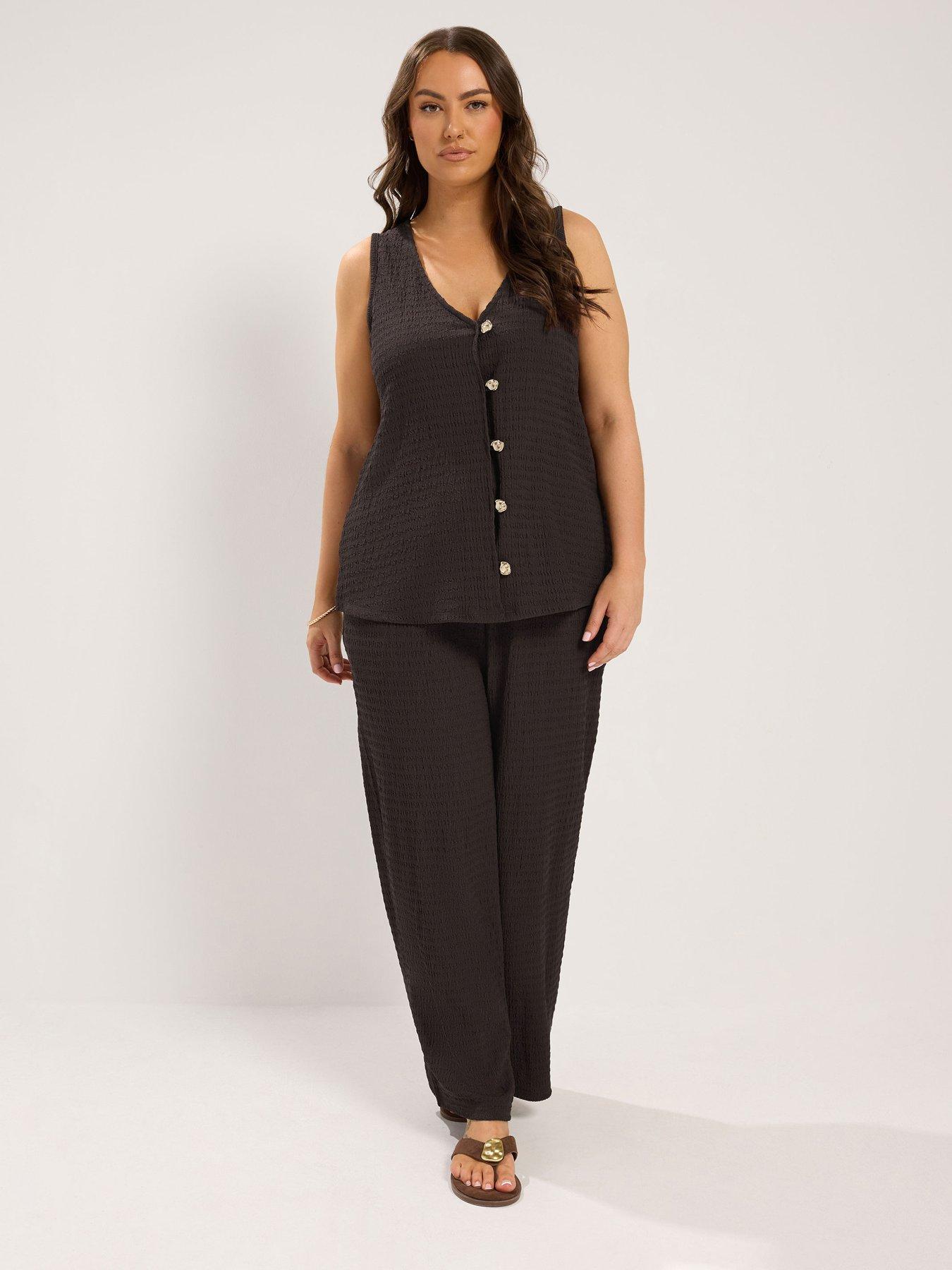 Image 3 of 4 of Yours Curve Crinkle Wide Leg 30" Trousers - Brown