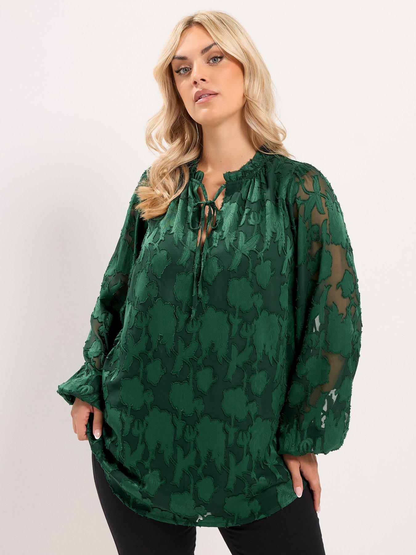 Image 1 of 4 of Yours Womens Curve Frill Neck Lined Blouse - Green
