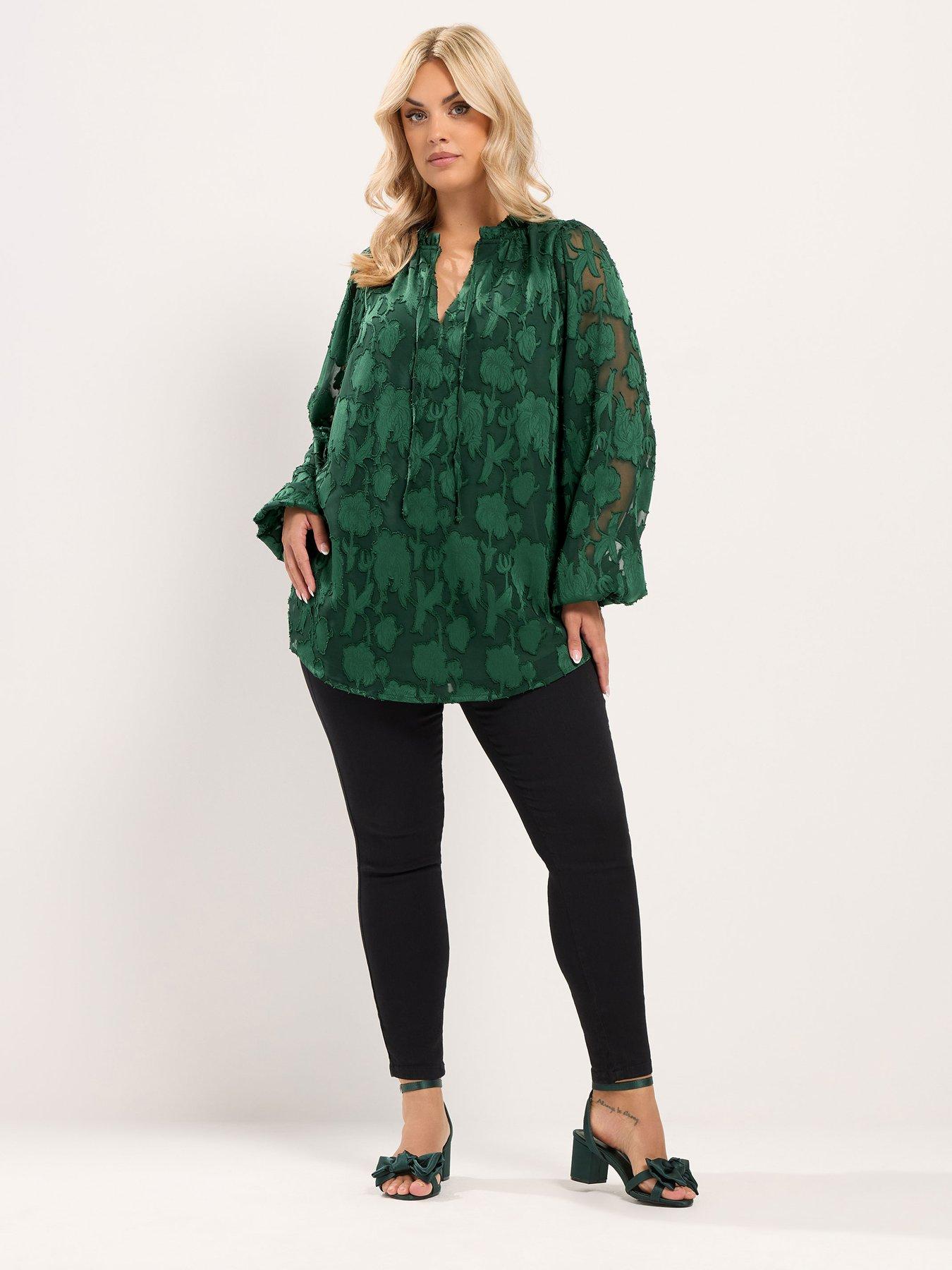 Image 3 of 4 of Yours Womens Curve Frill Neck Lined Blouse - Green