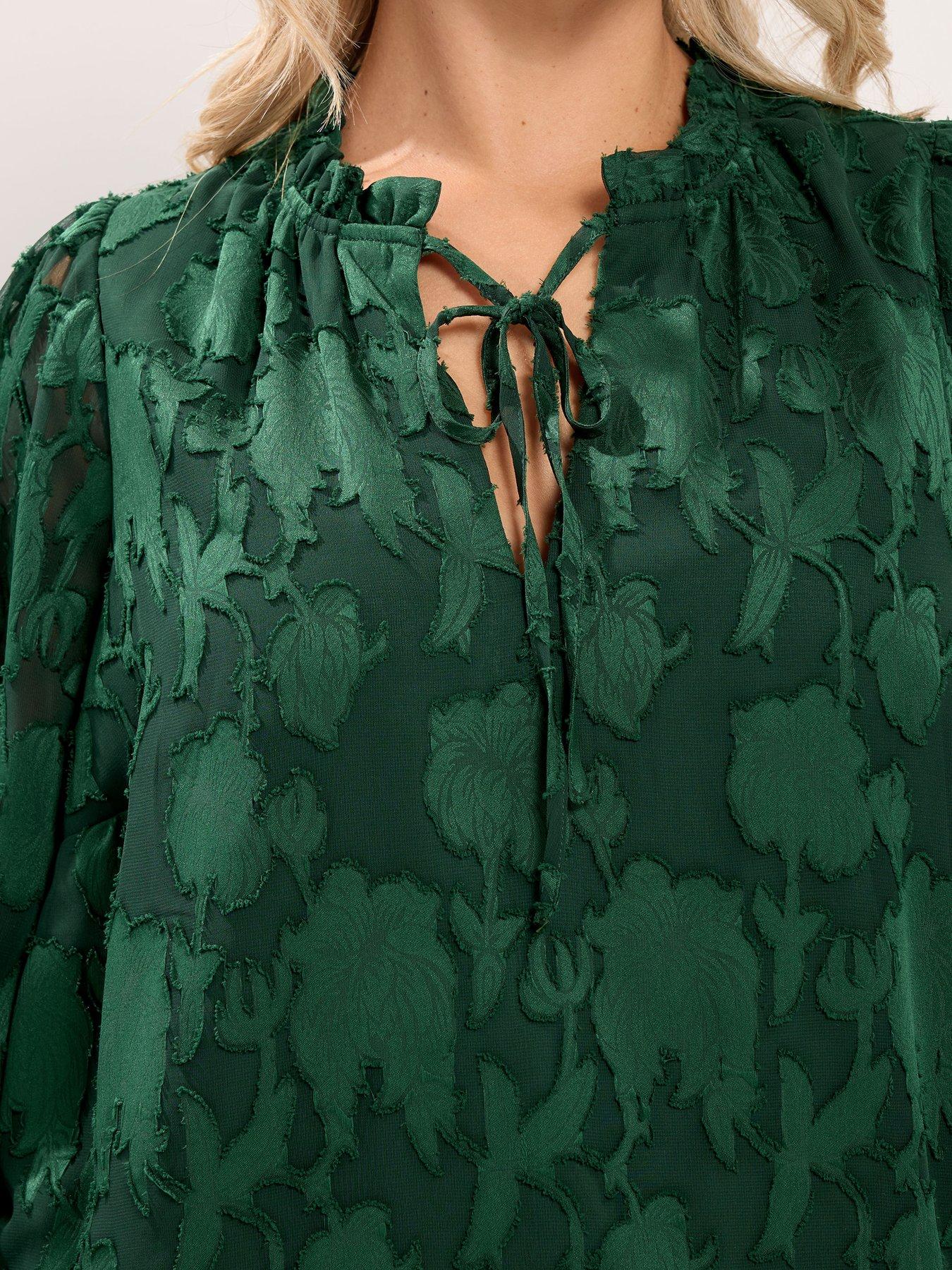 Image 4 of 4 of Yours Womens Curve Frill Neck Lined Blouse - Green
