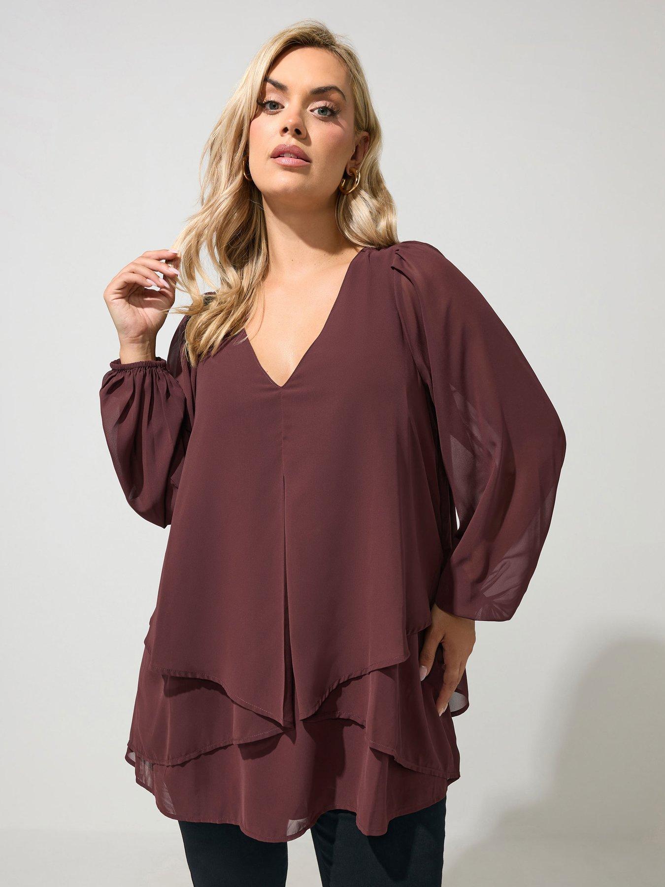 Yours Curve Long Sleeve Layered Blouse - Brown