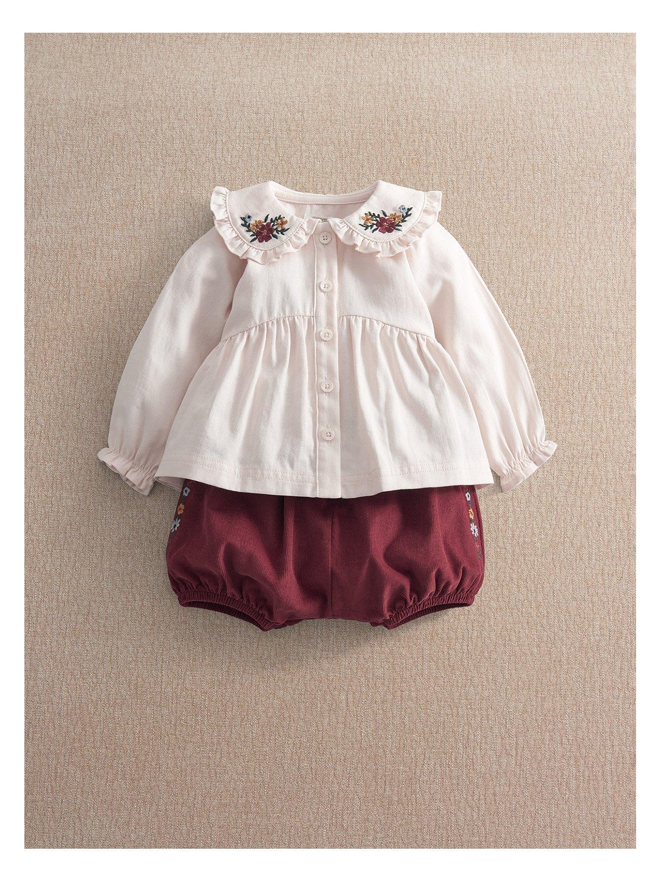 Mamas & Papas Baby Girls 2 Piece Floral Embroidered Blouse & Bloomer Set - Dark Red