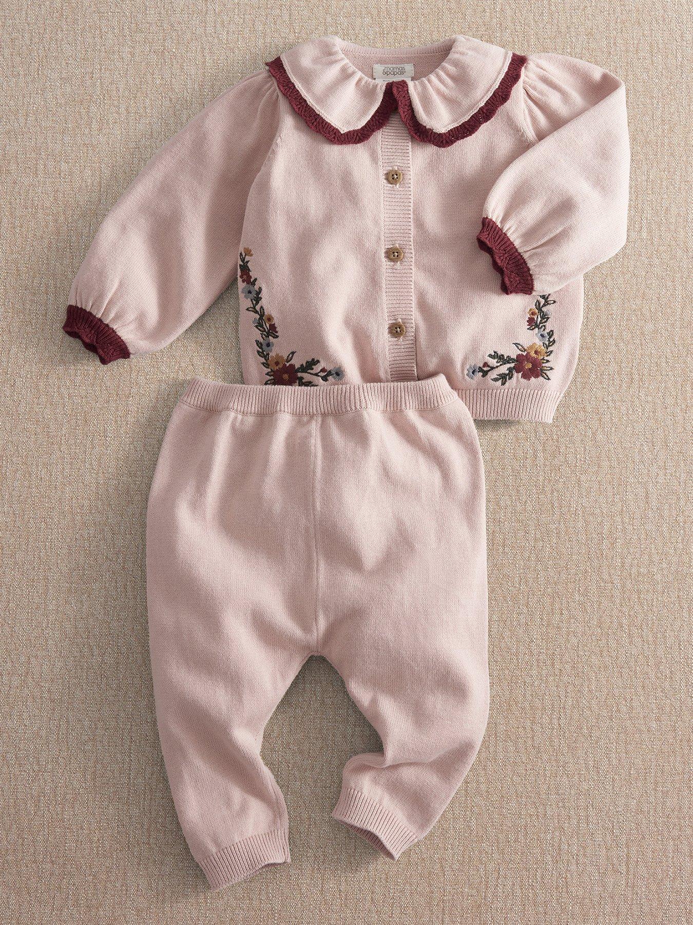 Mamas & Papas Baby Girls 2 Piece Floral Embroidered Knitted Cardigan & Leggings Set - Pink