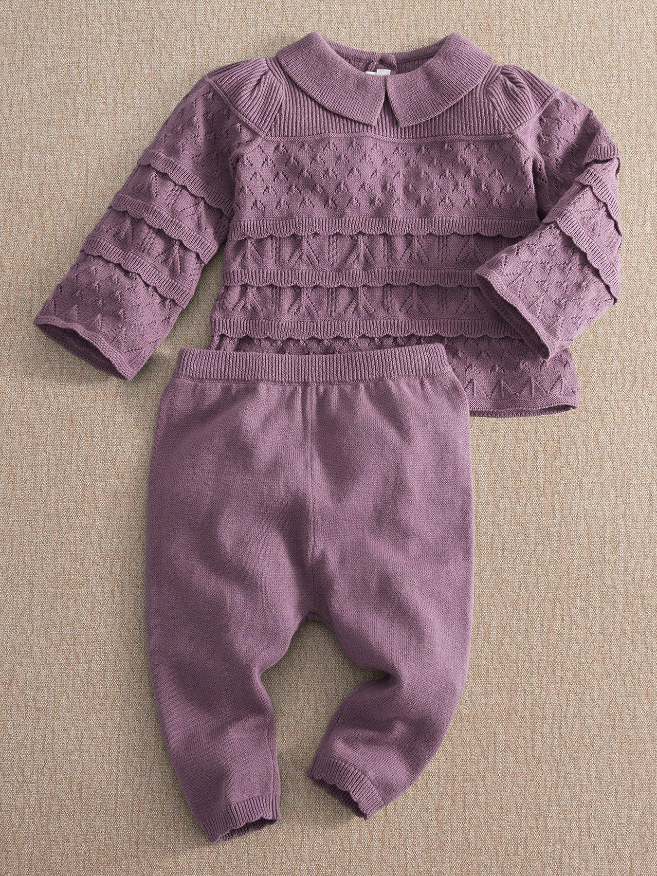 Mamas & Papas Baby Girls Patchwork Knitted Jumper & Rib Leggings Set With Scalloped Trims - Dark Purple