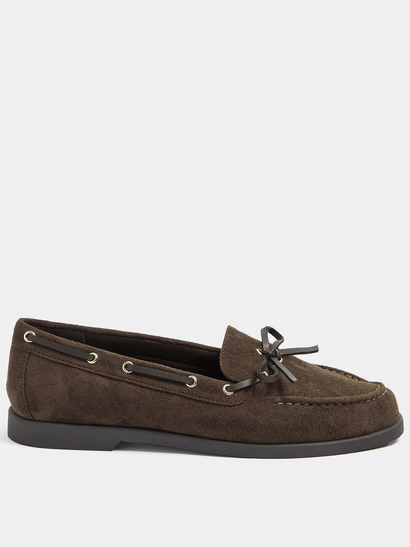 Yours Curve Extra Wide Fit Faux Suede Bow Boat Shoes - Brown